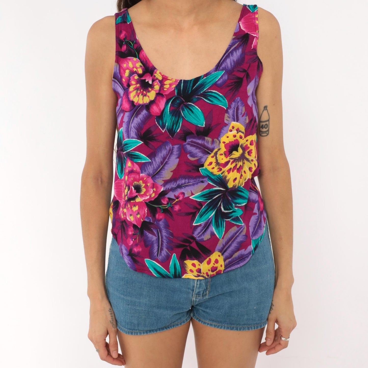 90s Judy Knapp Tropical Floral Tank Top Magenta Purple Rayon Extra Small XS