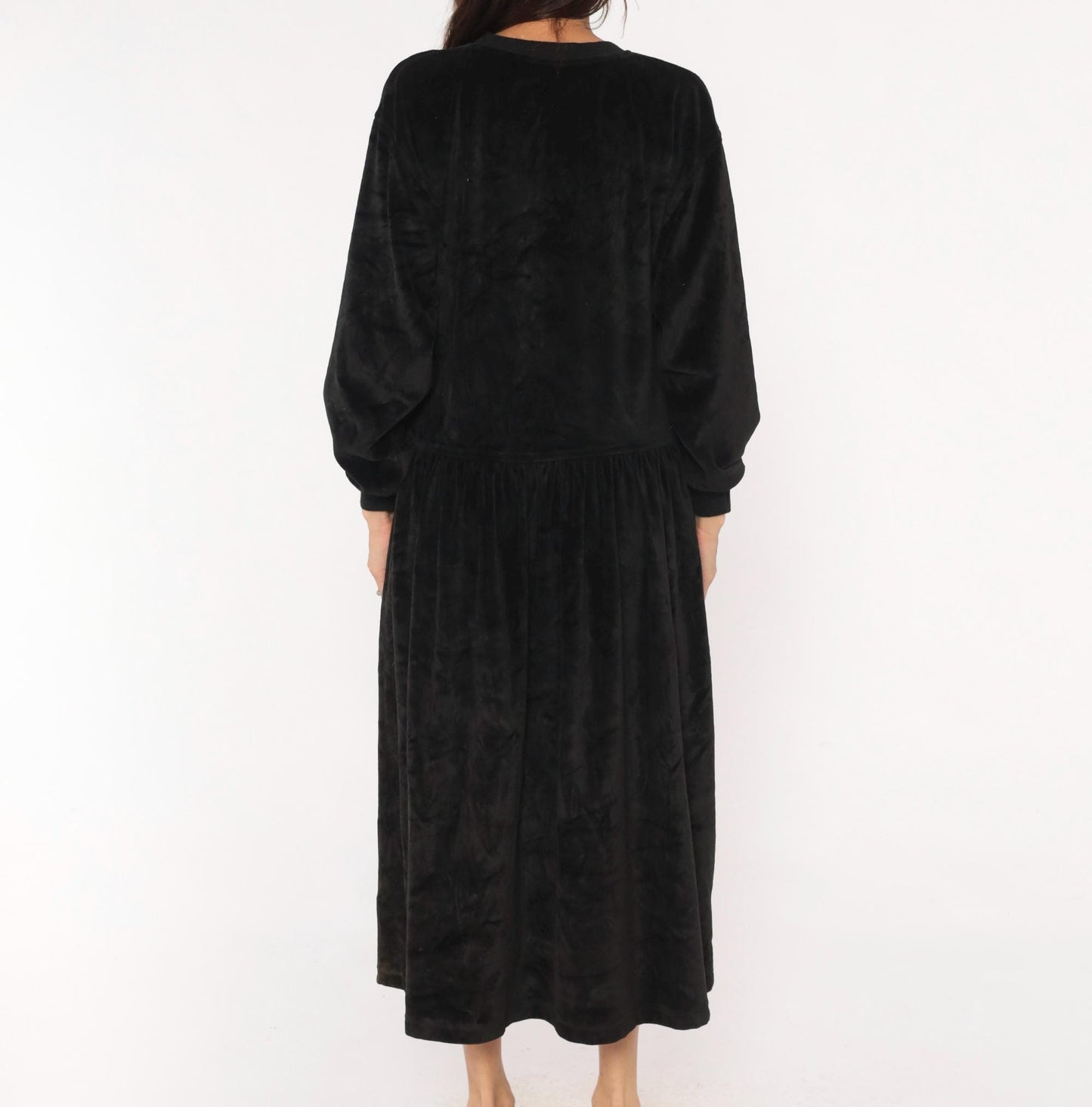 90s Lizsport Black Velvet Midi Dress Drop Waist Pockets Large L
