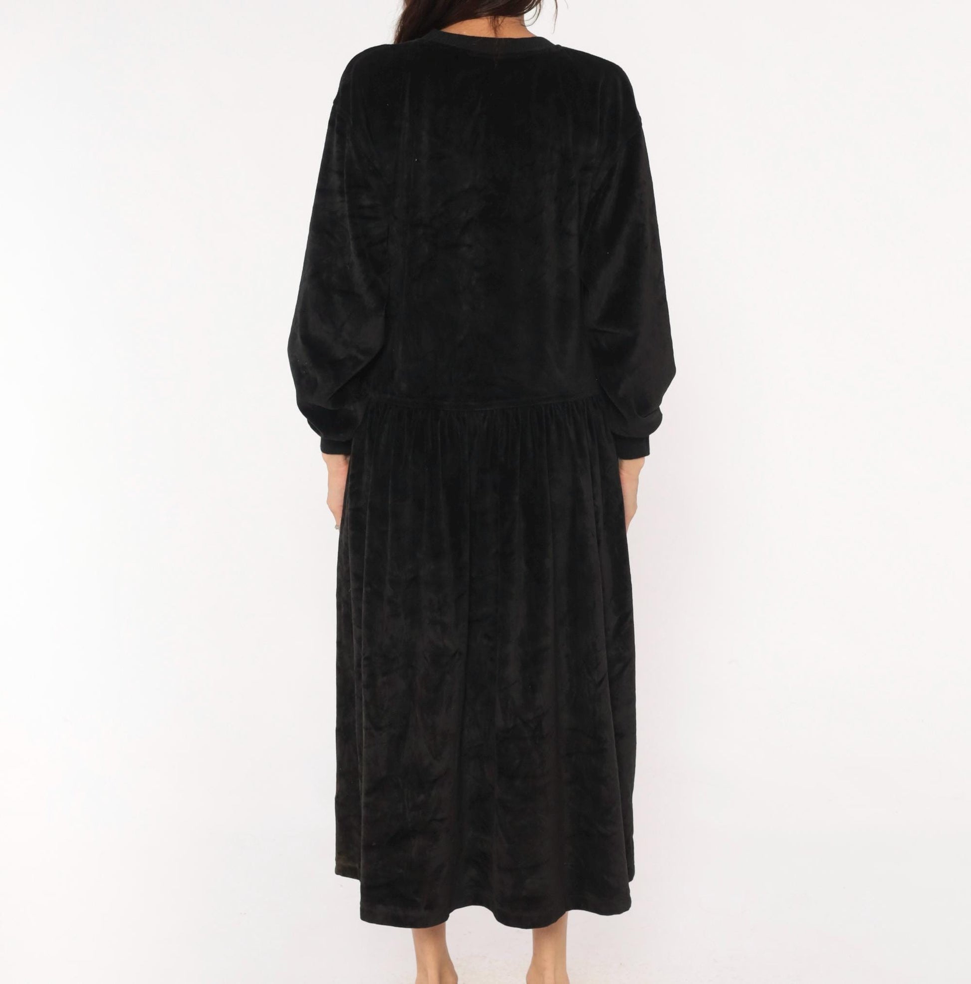 90s Lizsport Black Velvet Midi Dress Drop Waist Pockets Large L