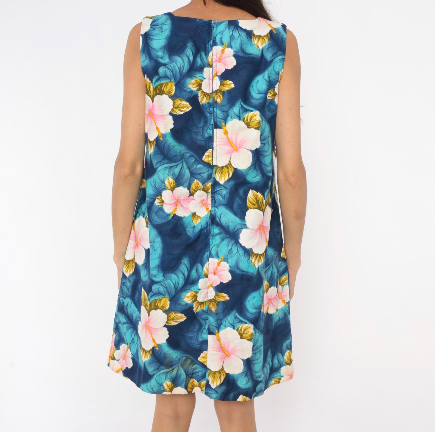 80s Hawaiian Hibiscus Shift Dress Navy Teal Pink Floral Cotton Medium