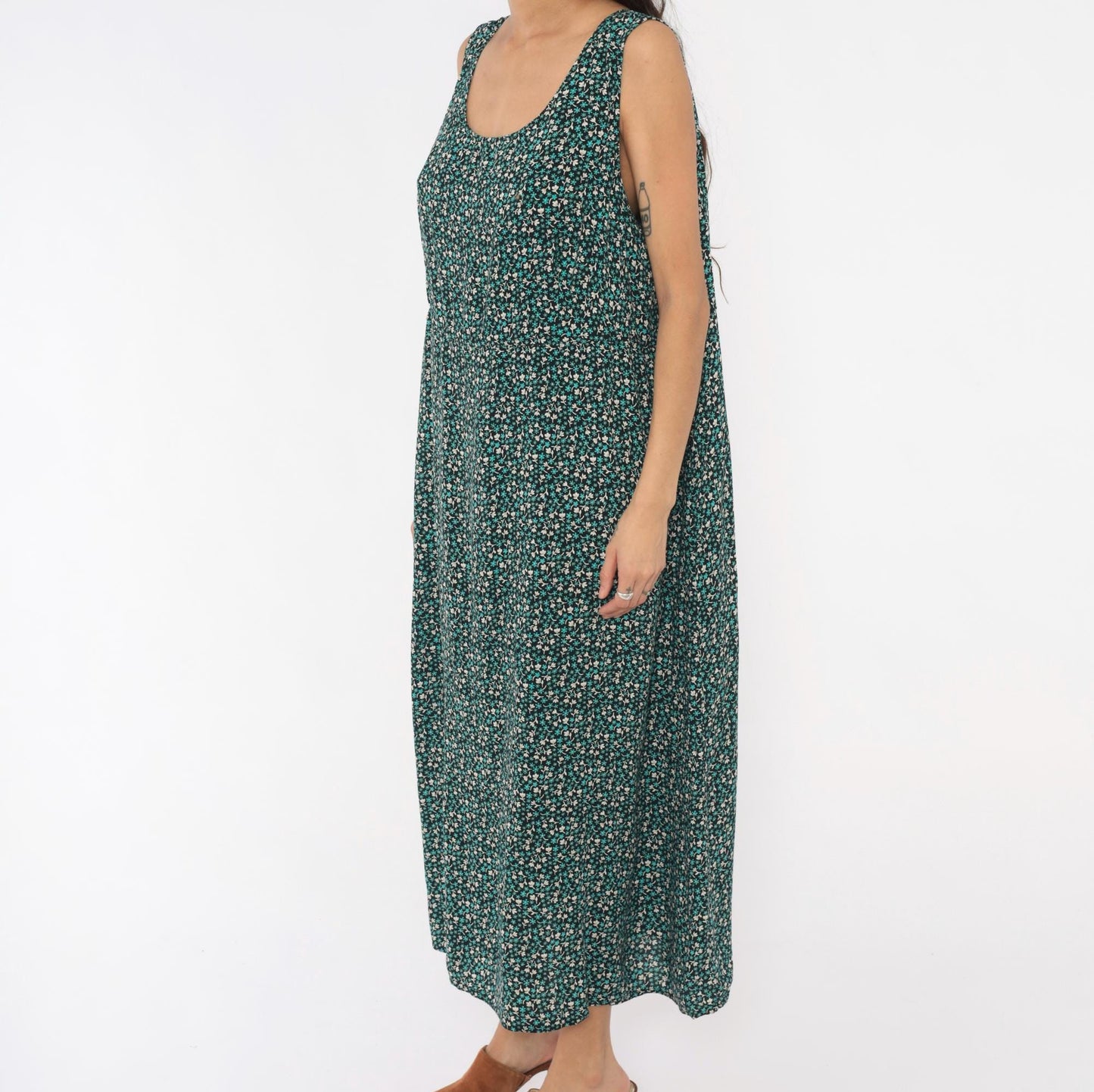 90s Teddi Woman Ditsy Floral Maxi Dress Teal Cream Black Tank Plus Size XXL