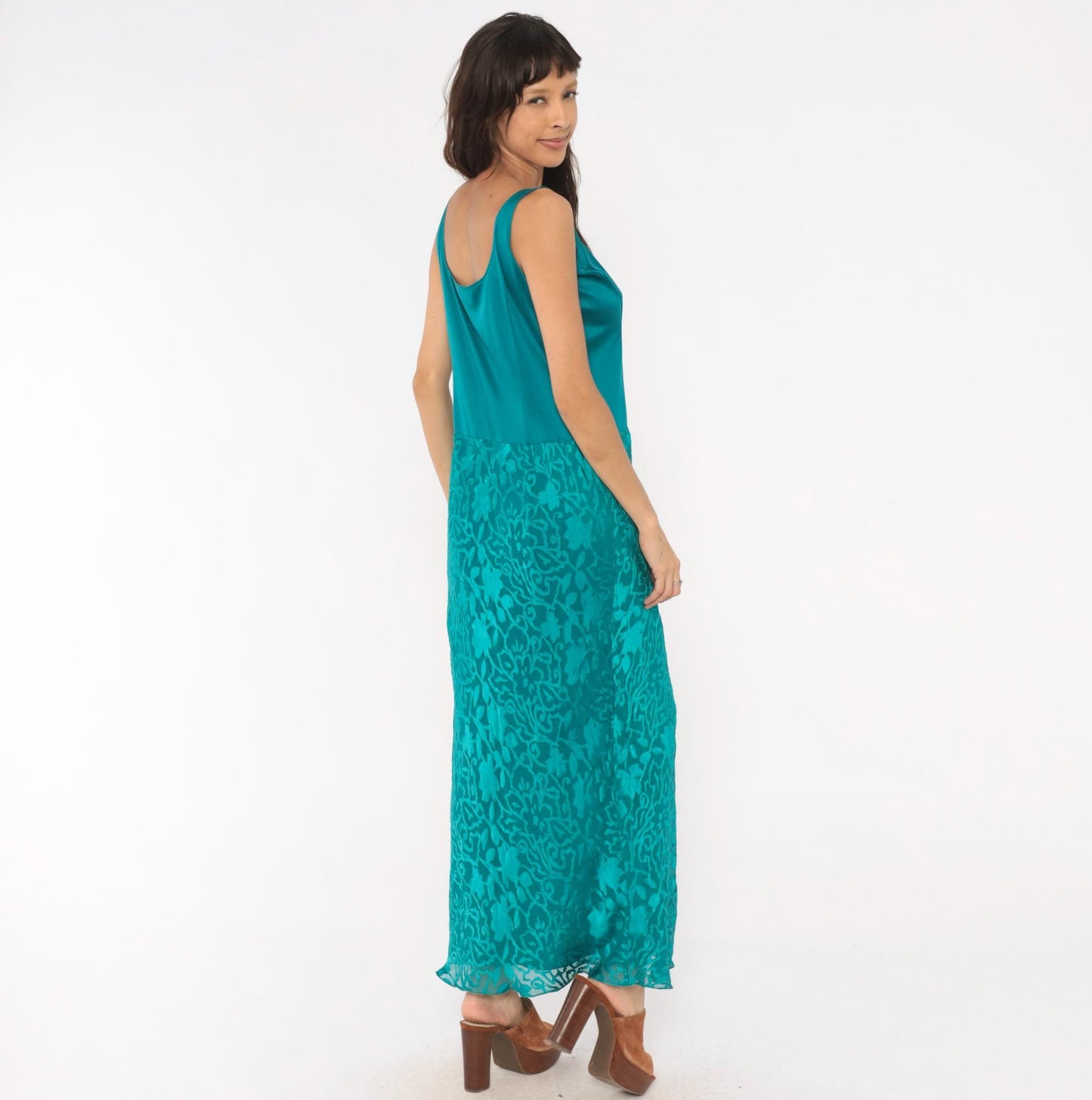 Y2K Cattiva Teal Silk Burnout Maxi Dress Floral Devore Scoop Neck Medium M