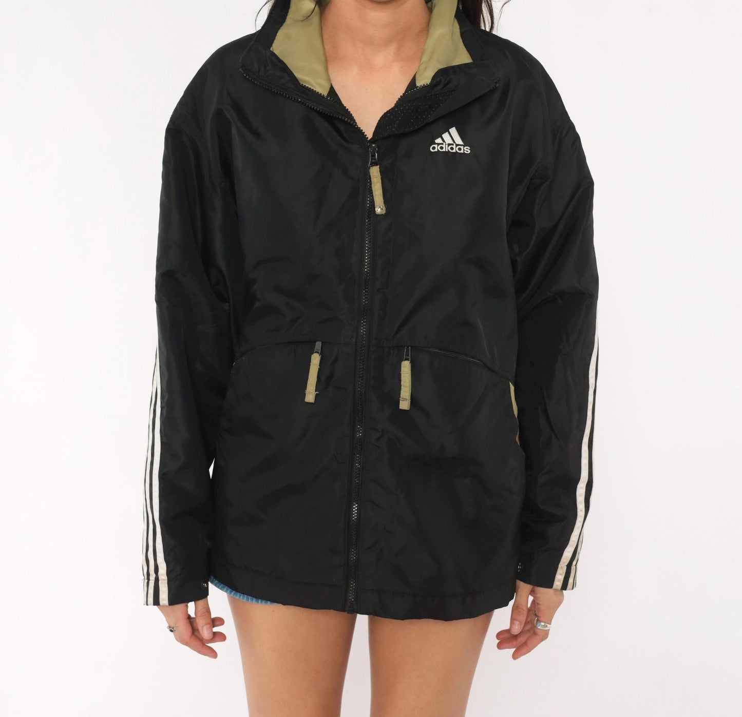 90s Adidas Windbreaker Black Olive Three Stripe Hooded Nylon Jacket Medium M