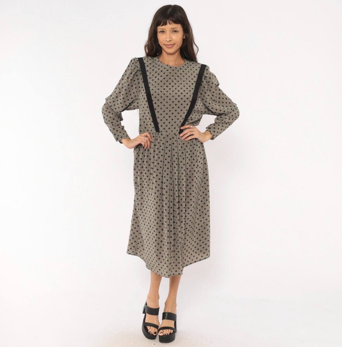 80s Donna Morgan Diamond Print Midi Dress Grey Balloon Sleeve Medium M