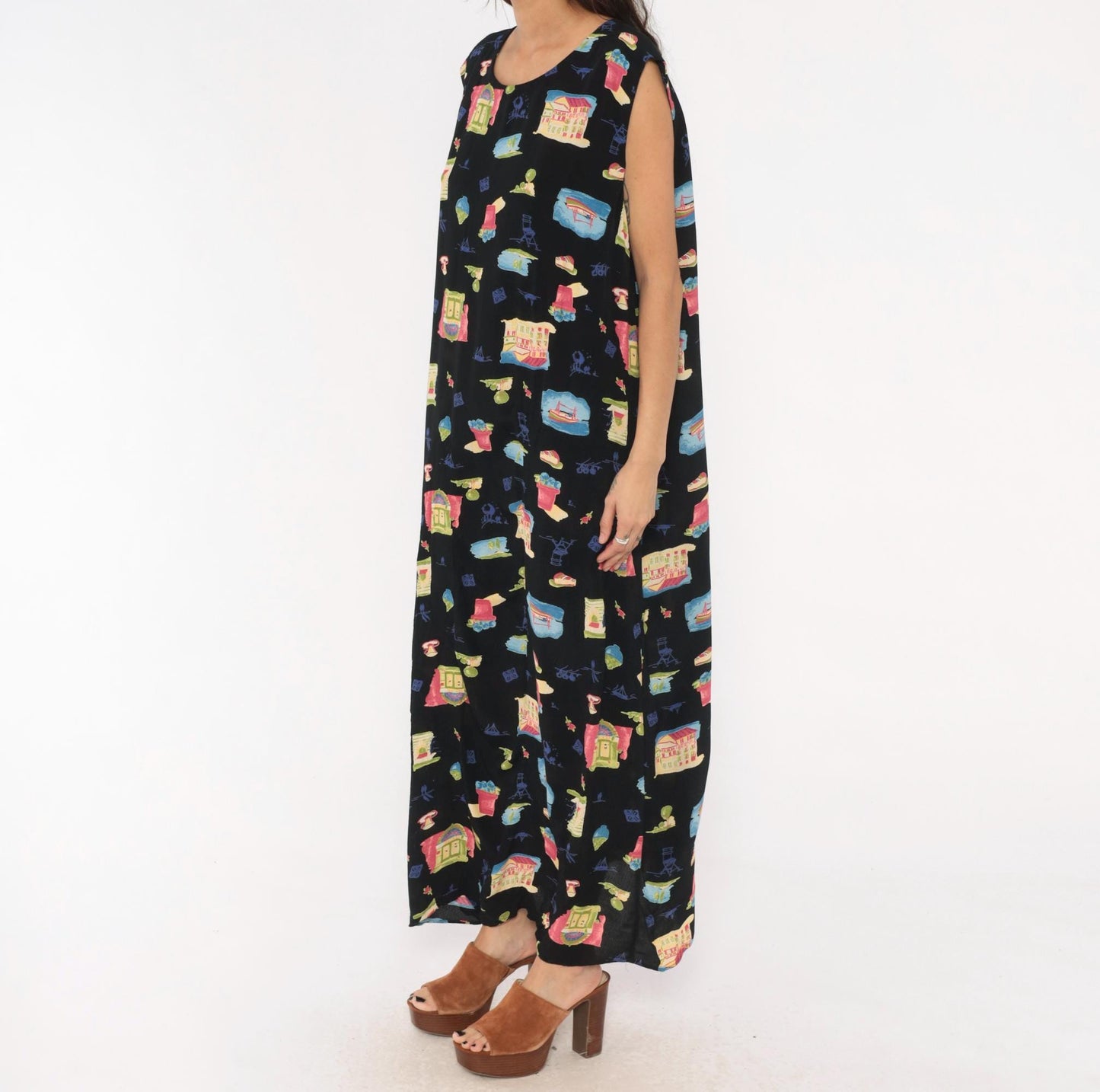 90s Positive Attitude Village Print Maxi Dress Black Plus Size 1X