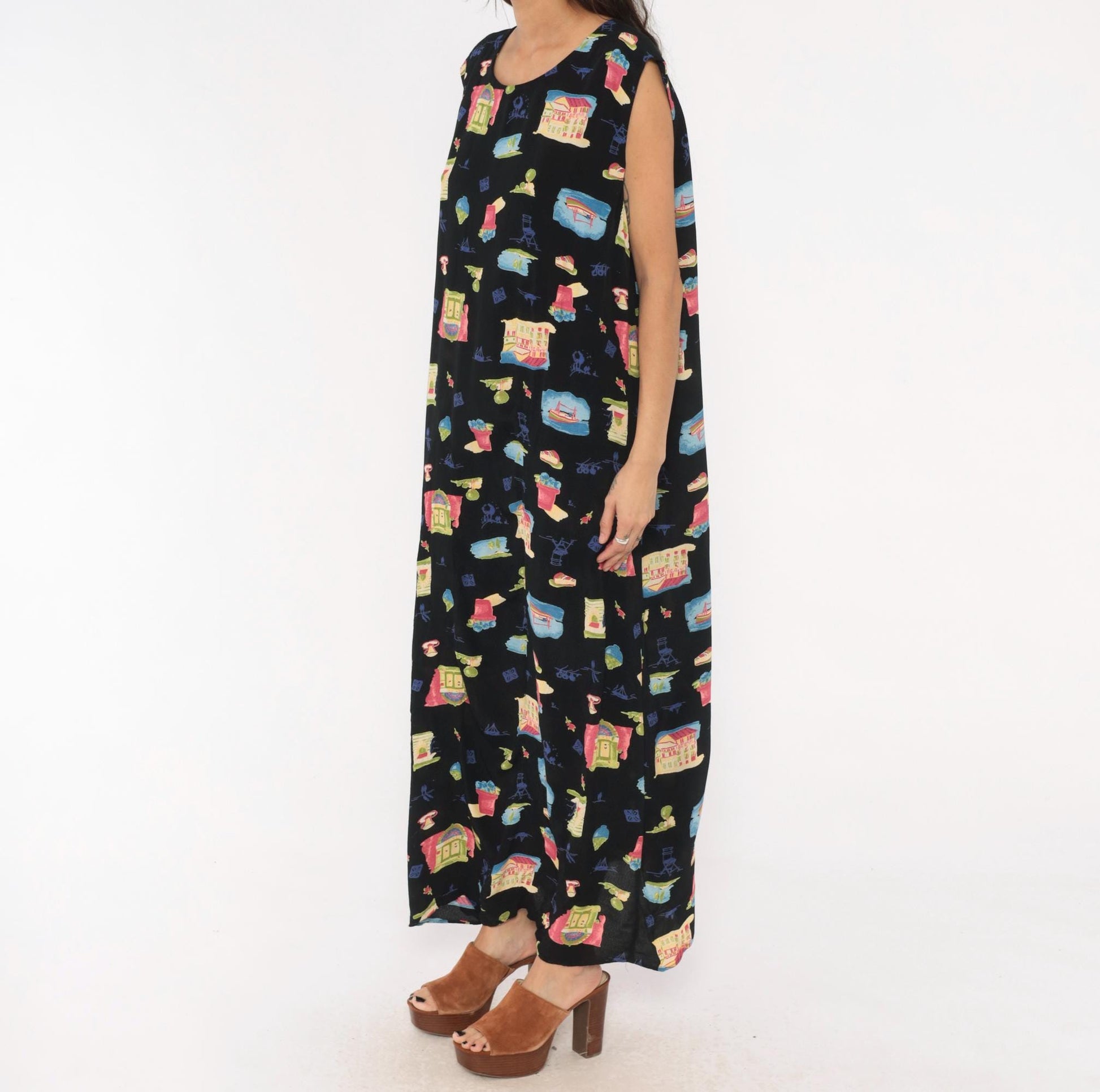 90s Positive Attitude Village Print Maxi Dress Black Plus Size 1X