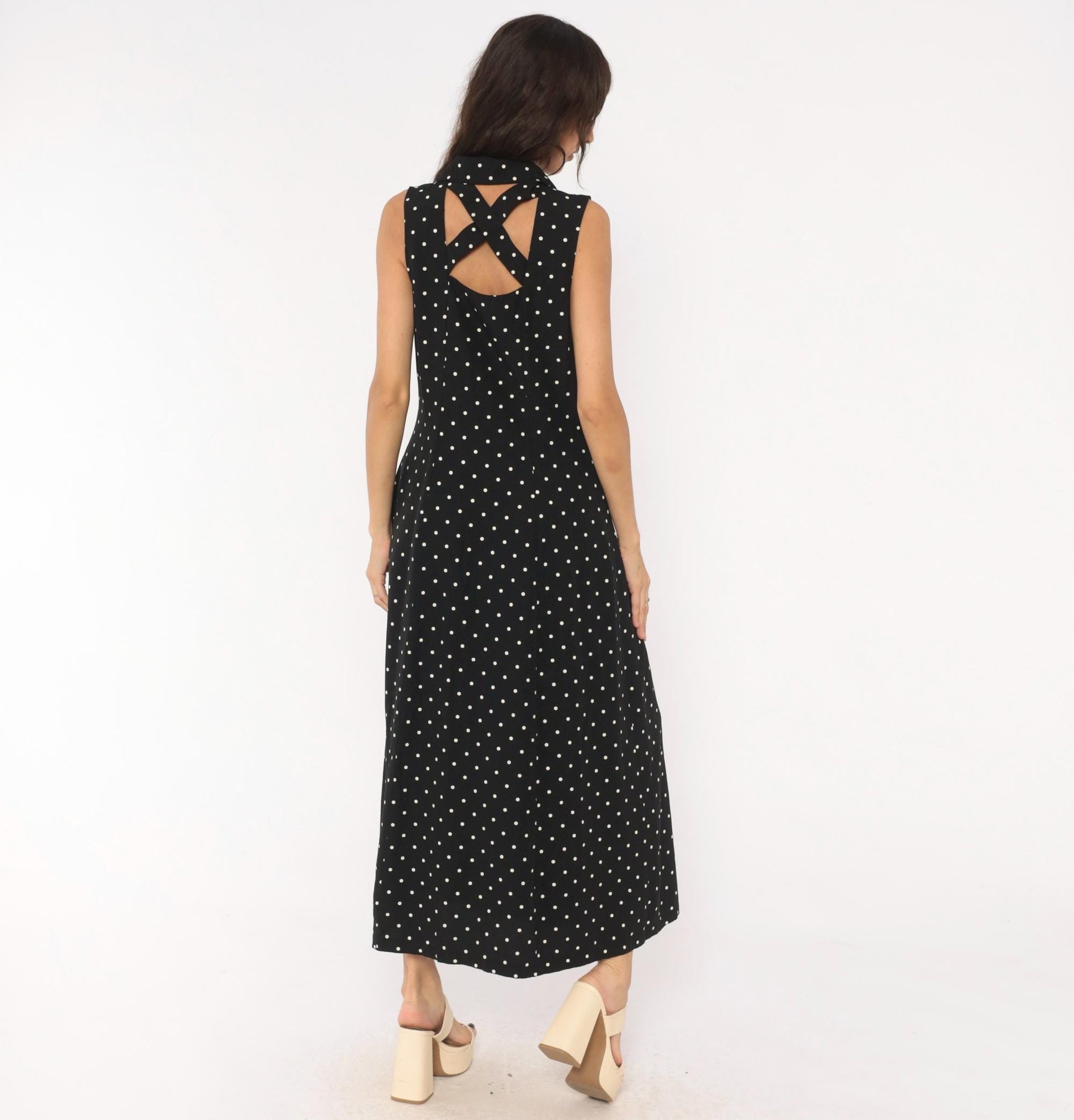 90s Dressbarn Black White Polka Dot Maxi Dress V Neck Button Front Large L