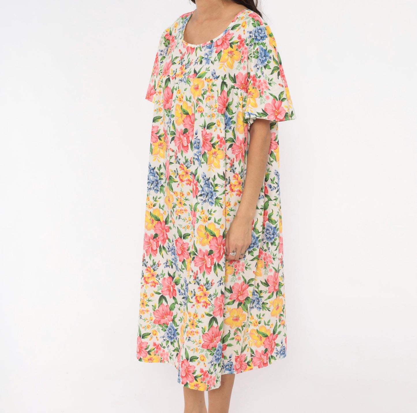 80s Floral Muumuu Dress Pink Yellow Blue Garden Print White Plus Size XXL