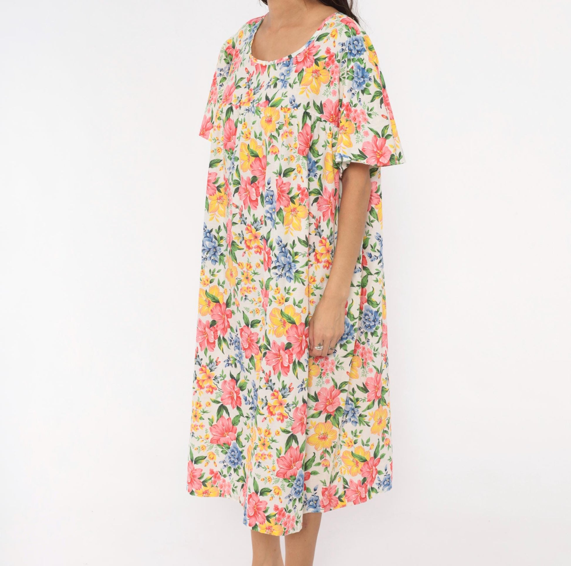 80s Floral Muumuu Dress Pink Yellow Blue Garden Print White Plus Size XXL