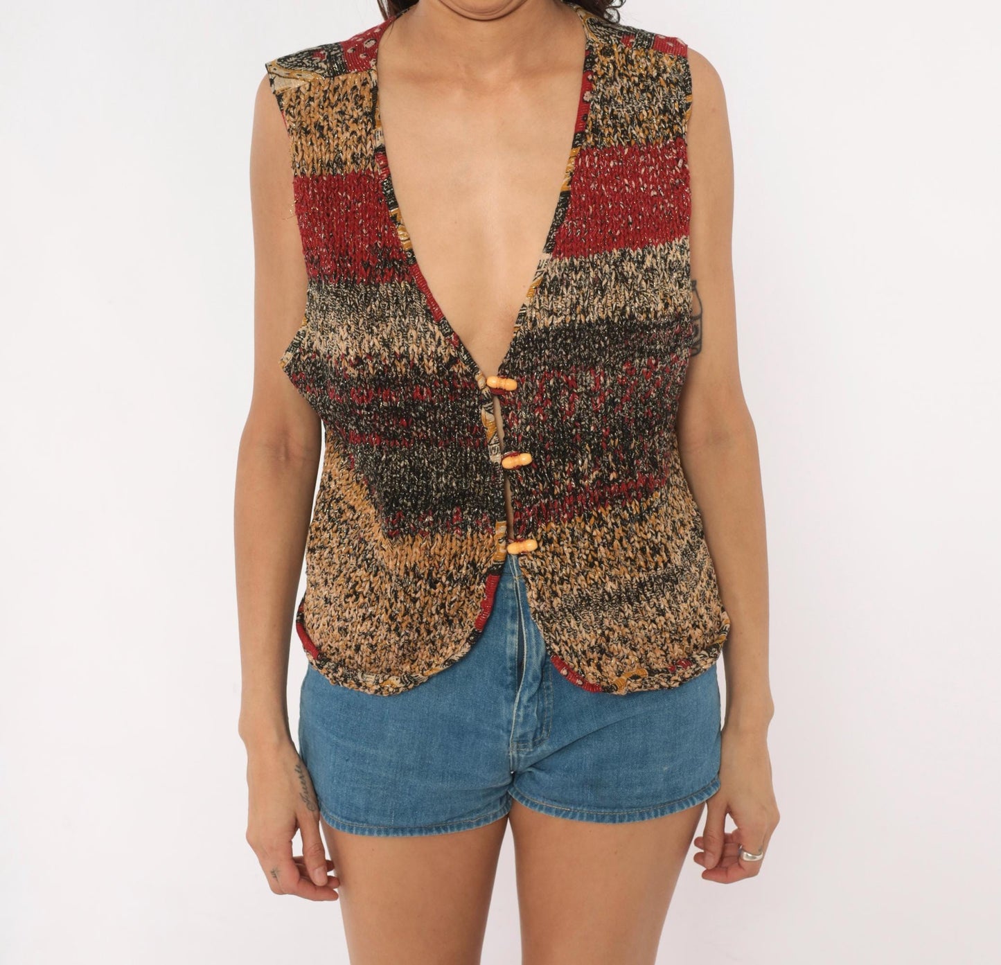 90s Knit Vest Multicolor Striped Toggle Button V-Neck Tan Red Black Medium M