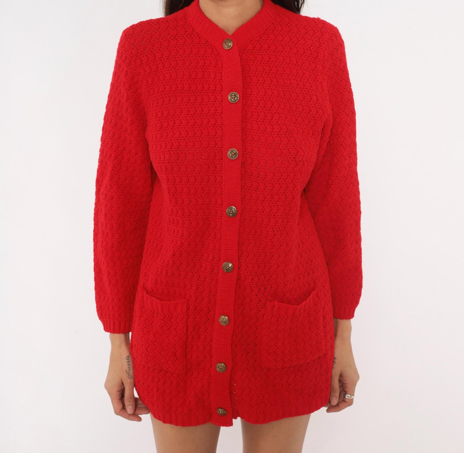 70s Bans Knits Red Cardigan Gold Buttons Mandarin Collar Textured Medium M