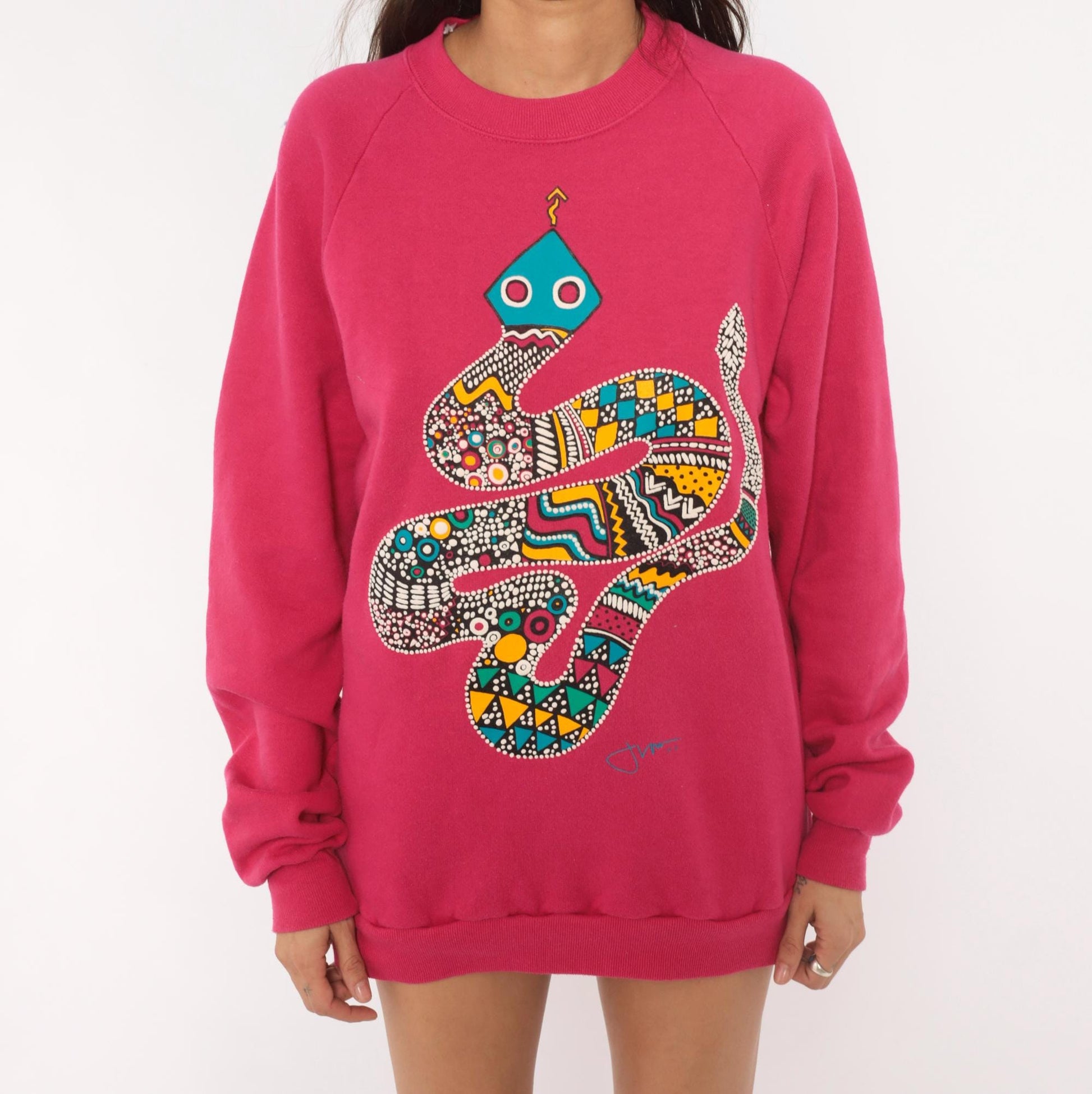 90s National Screenprint Snake Tribal Sweatshirt Hot Pink Raglan Large