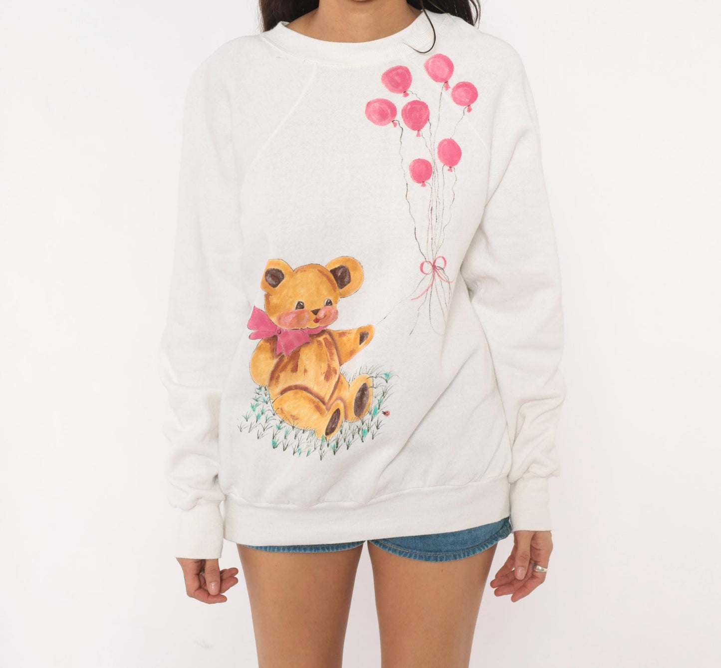 90s Hand-Painted Teddy Bear Sweatshirt White Pink Balloons Raglan Extra Large XL