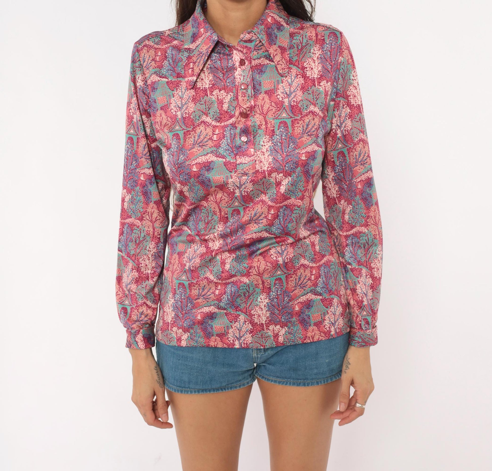 70s Pointillist Tree Blouse Pink Teal Woodland Polo Collar Bishop Sleeve Medium