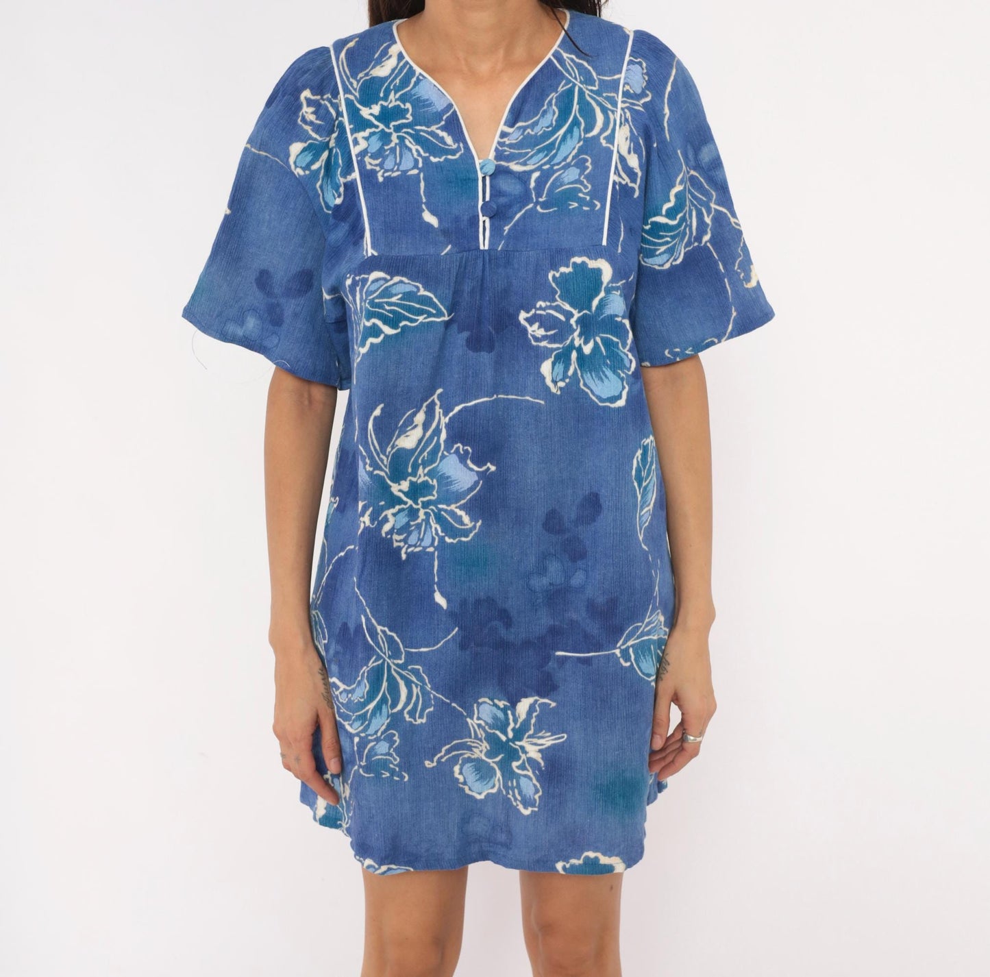 80s Sidan Blue Floral Shift Dress Flutter Sleeve Empire Waist Medium M