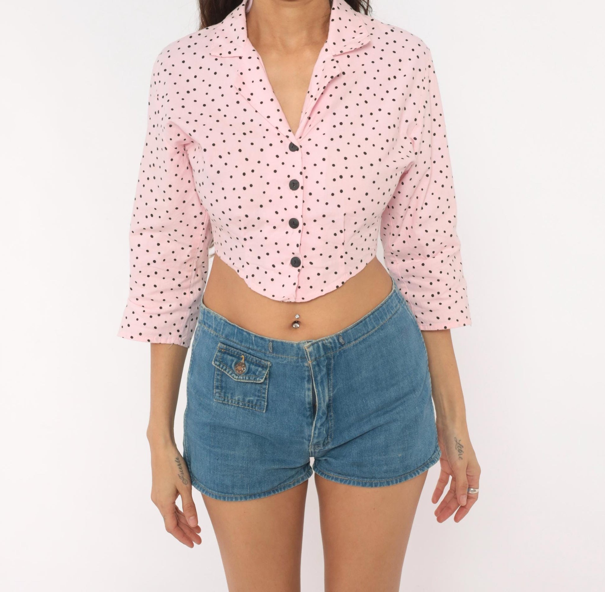 90s Sitting Pretty Pink Black Polka Dot Crop Top Cotton Button Front Small S