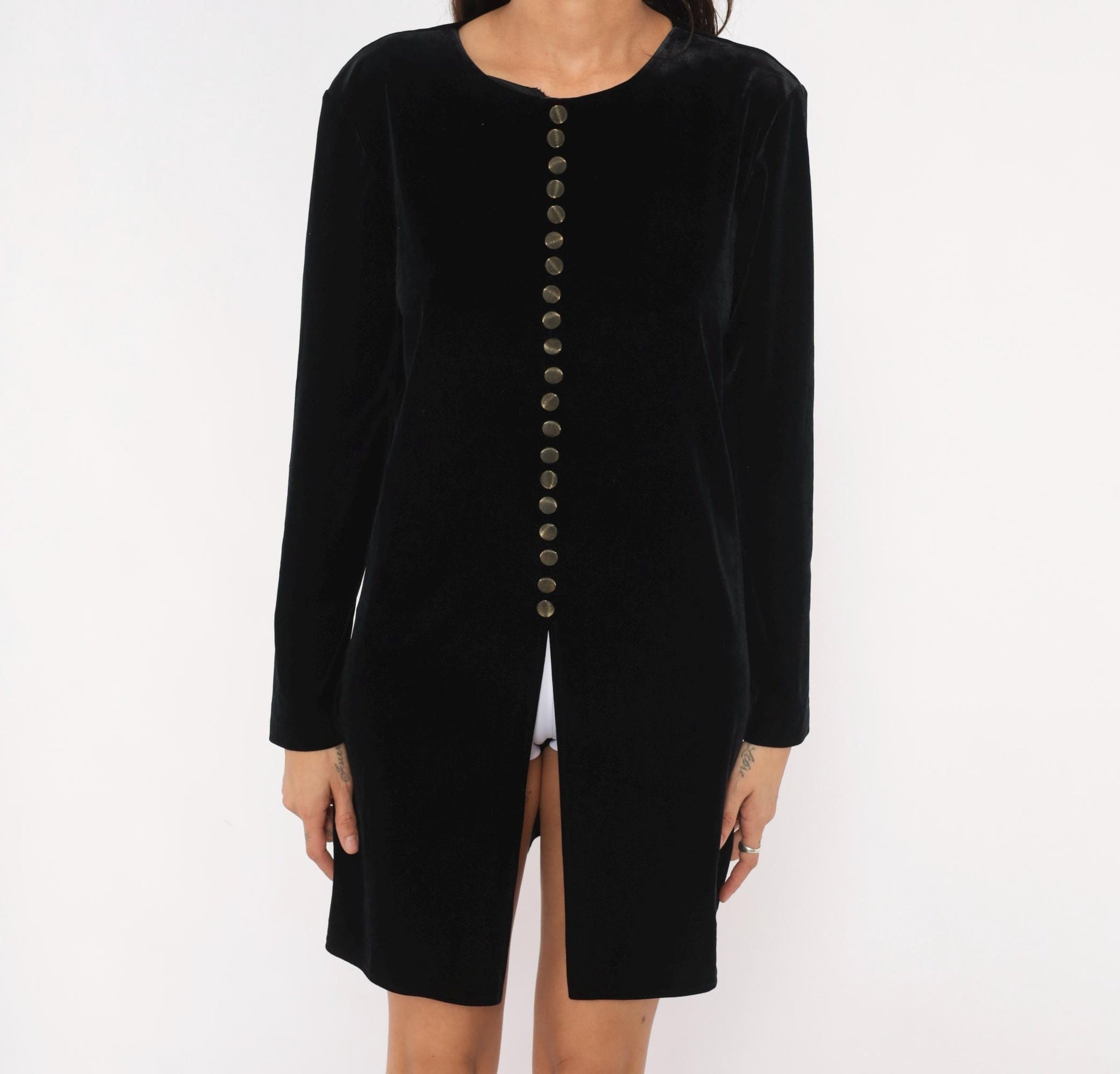 90s Hillard & Hanson Black Velvet Mini Dress Brass Buttons Long Sleeve Large