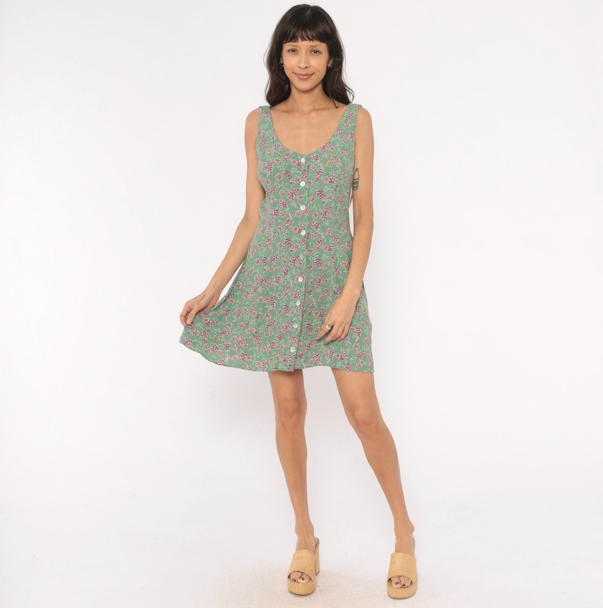 90s Robbie Bee Floral Mini Sundress Sage Green Button Front Large