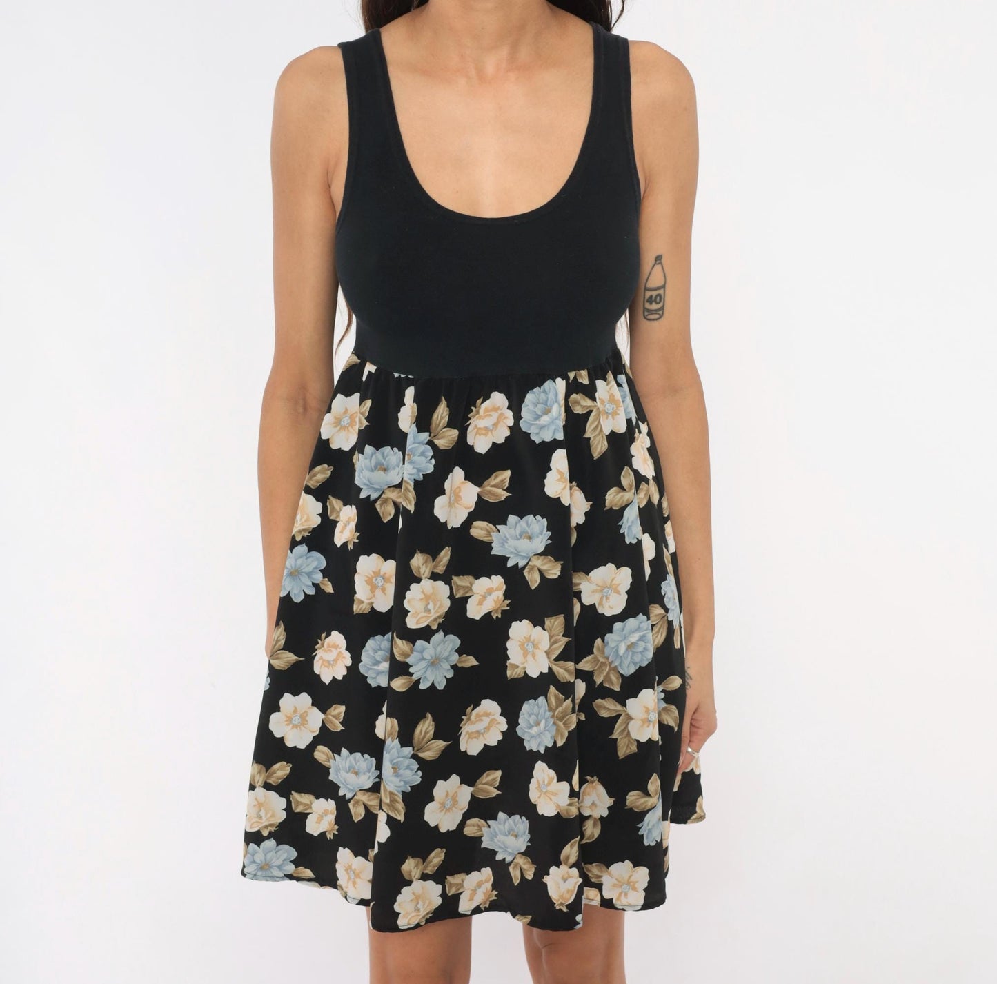 90s Floral Babydoll Mini Tank Dress Black Blue Cream Medium M