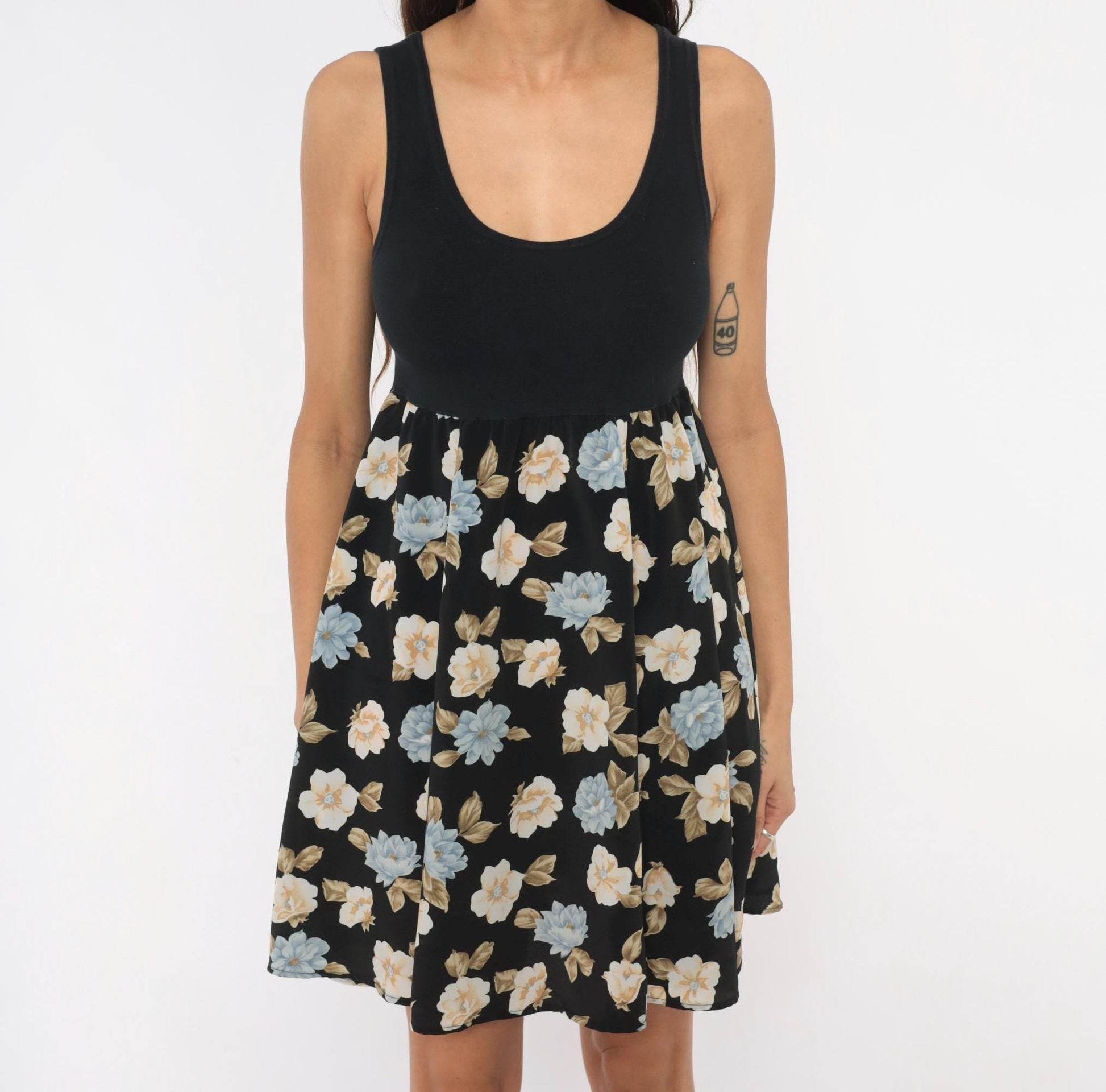90s Floral Babydoll Mini Tank Dress Black Blue Cream Medium M