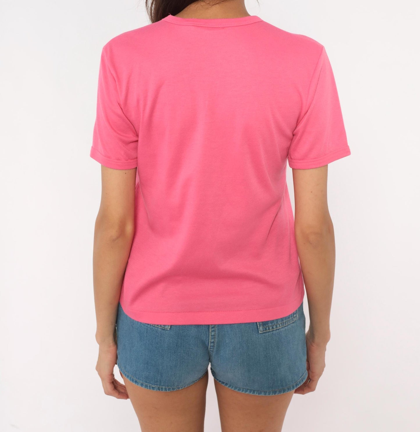 80s Hot Pink V-Neck Tee Short Sleeve Cotton Blend Fuchsia Pullover Large L