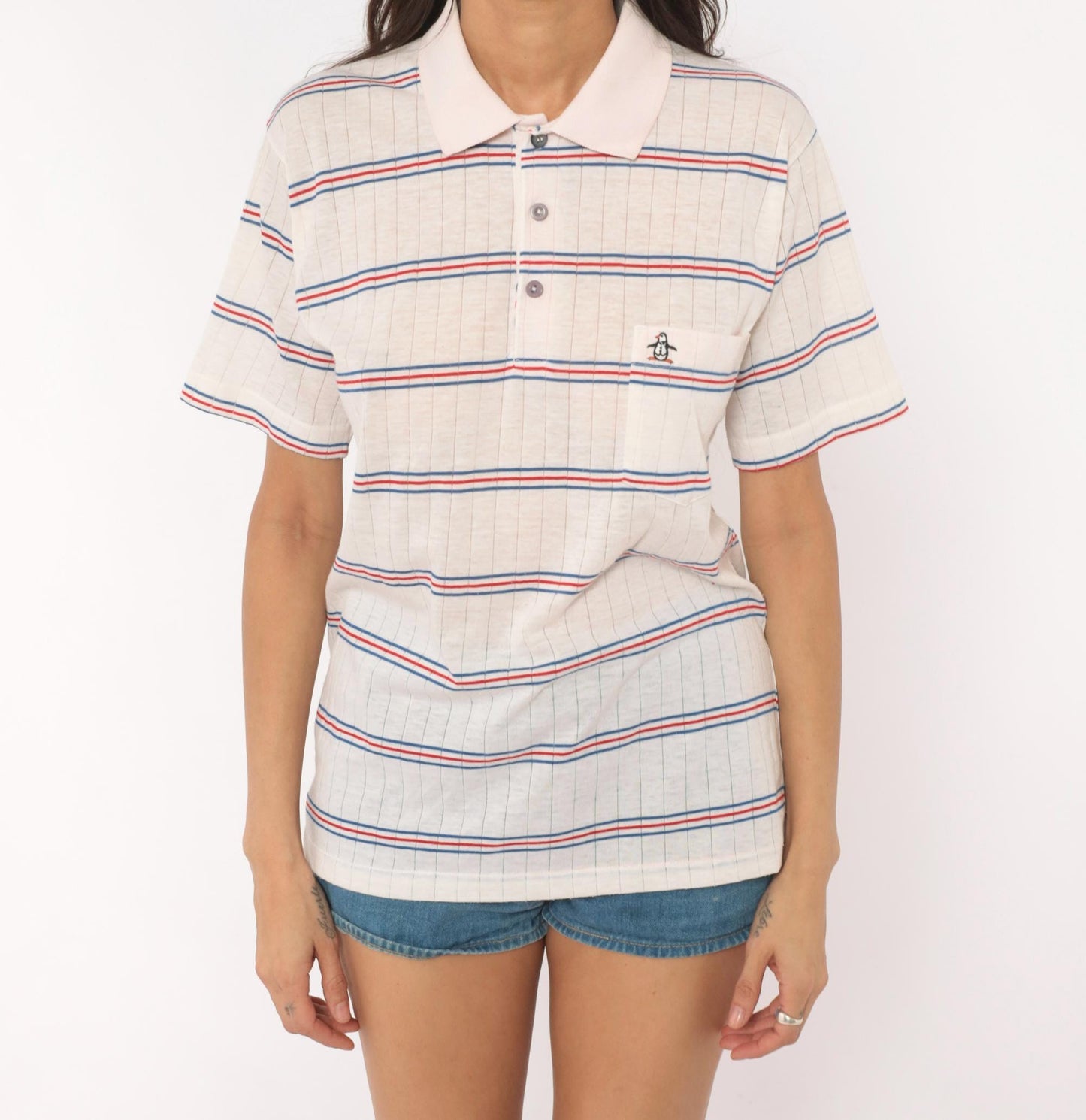 80s Grand Slam Penguin Striped Polo Shirt Red Navy Cream Medium