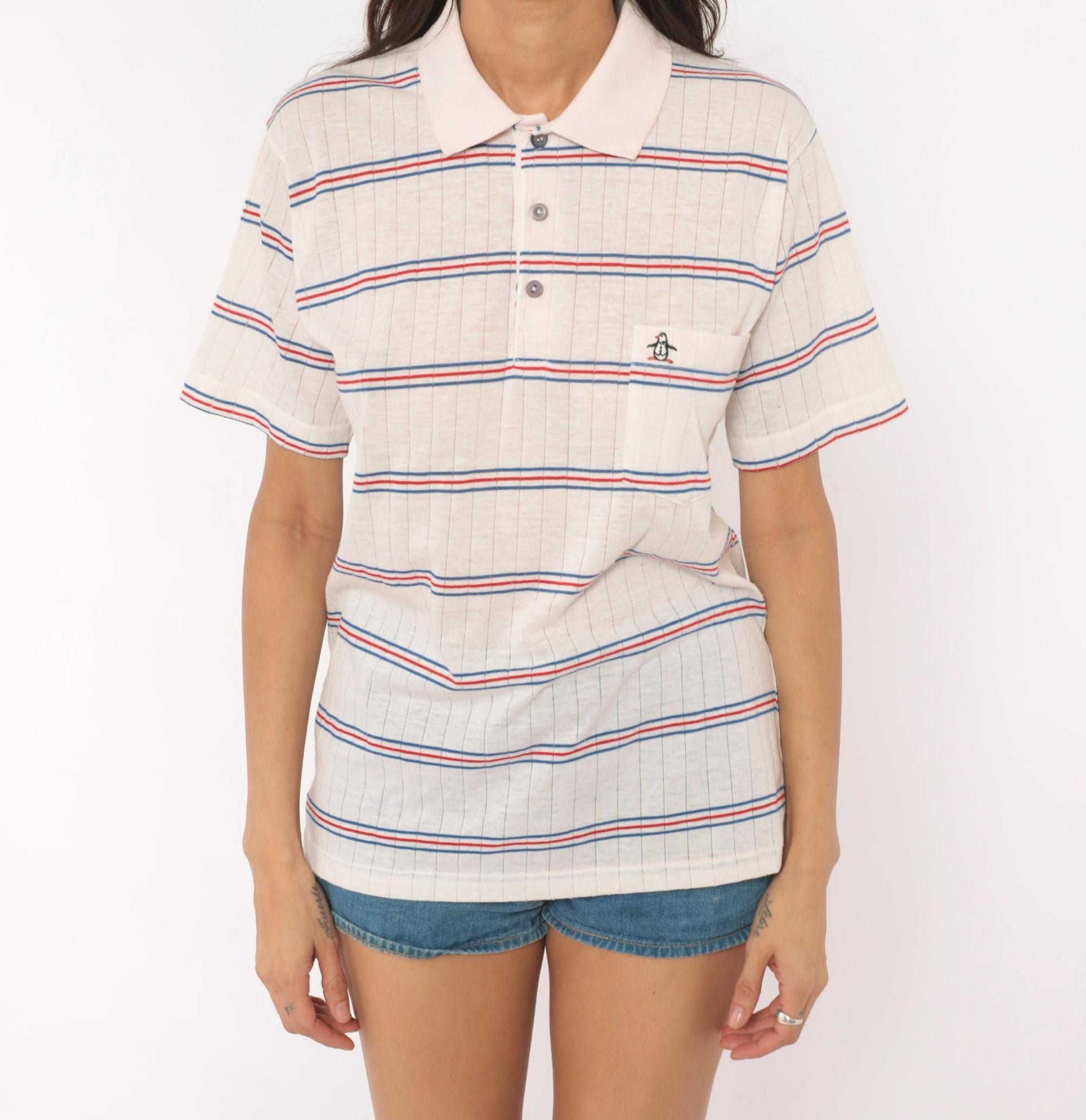80s Grand Slam Penguin Striped Polo Shirt Red Navy Cream Medium