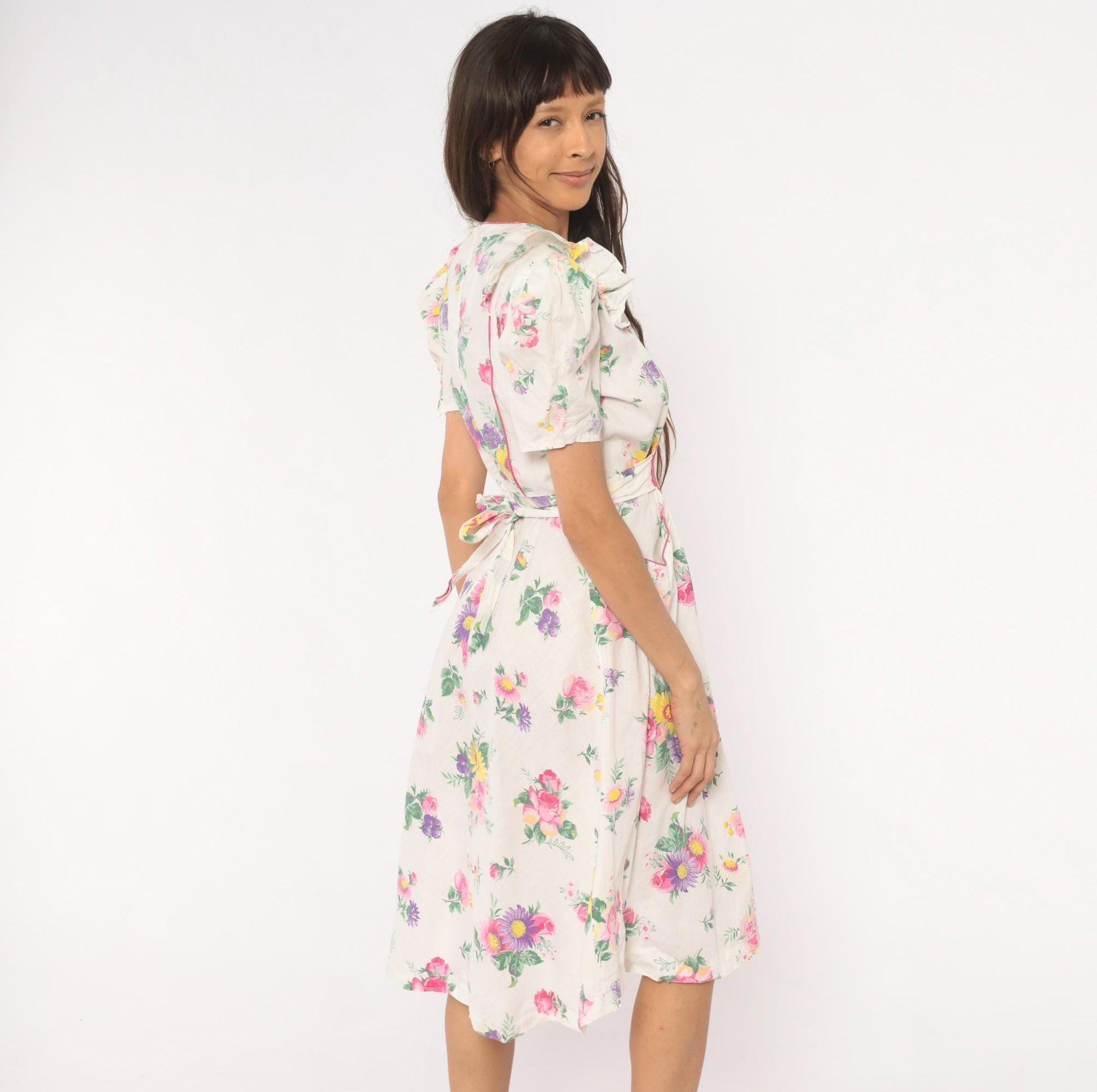1950s Floral Cotton Dress Puff Sleeve V-Neck Pink White Rose Print Medium