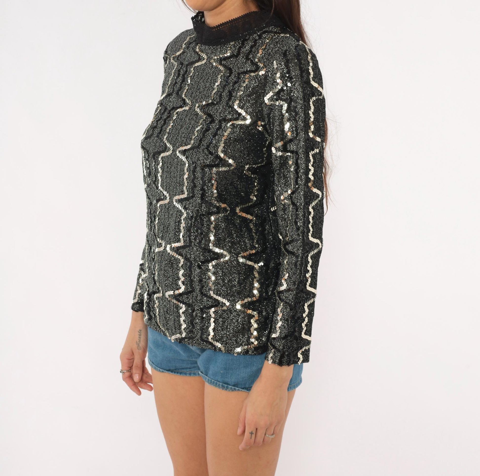 90s Elinor Gay Black Silver Sequin Blouse Geometric Zigzag Long Sleeve Medium