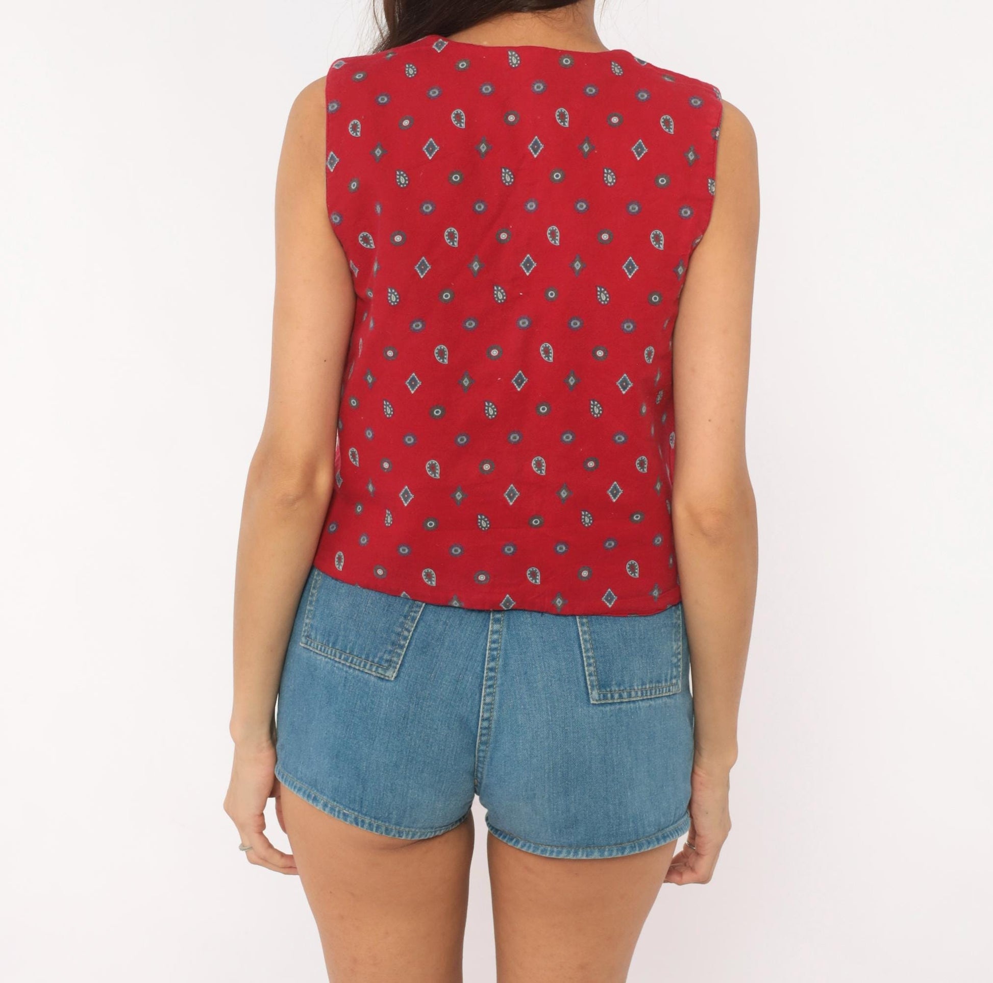 80s Van Heusen Reversible Denim Vest Navy Blue Red Paisley Cotton Small