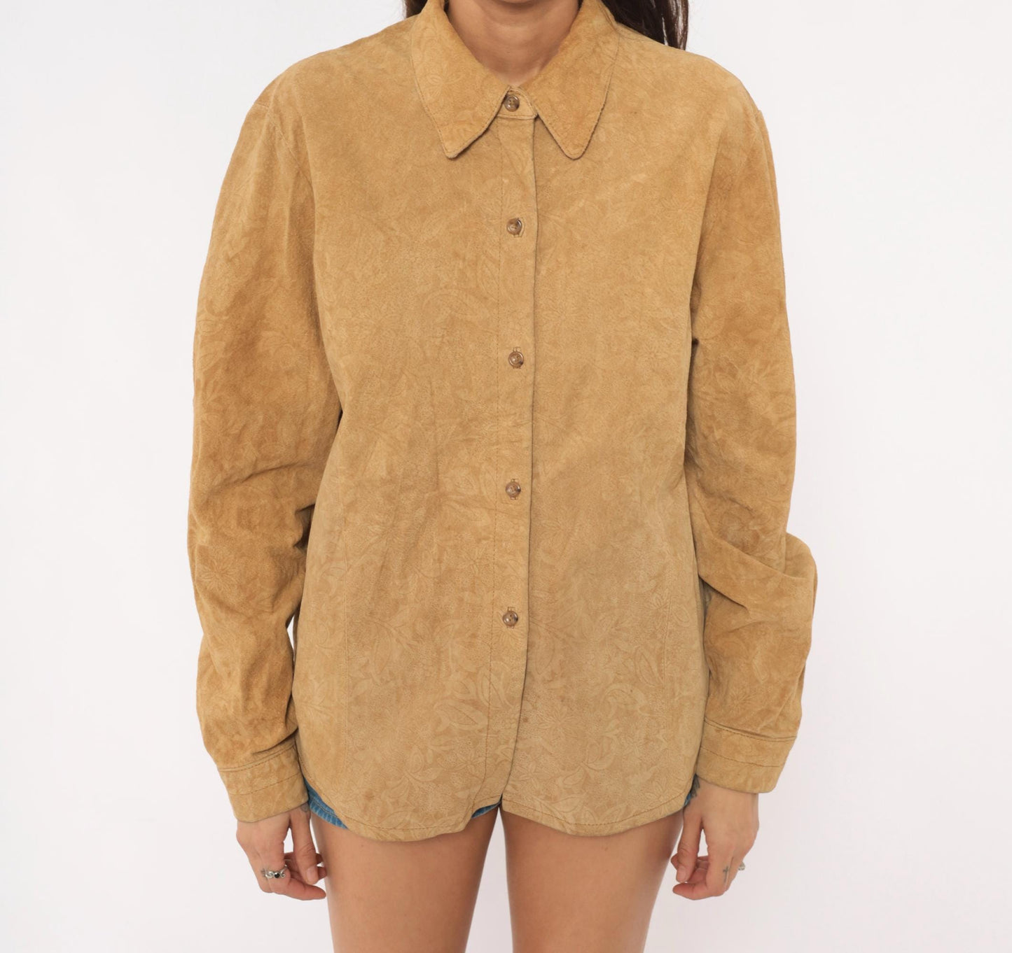 2000s Coldwater Creek Suede Shirt Embossed Floral Camel Button-Front Large L