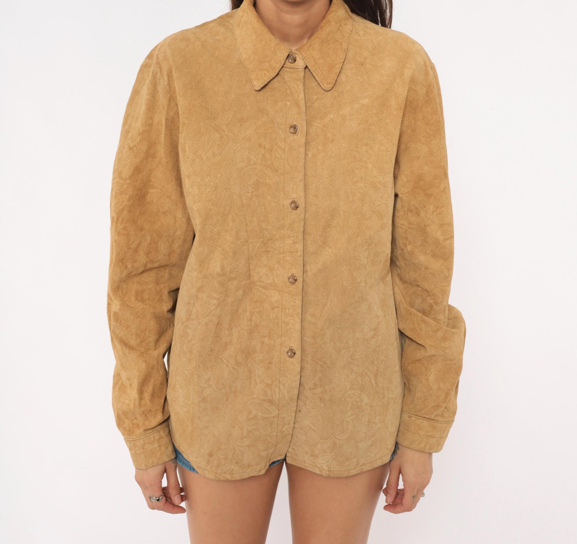 2000s Coldwater Creek Suede Shirt Embossed Floral Camel Button-Front Large L