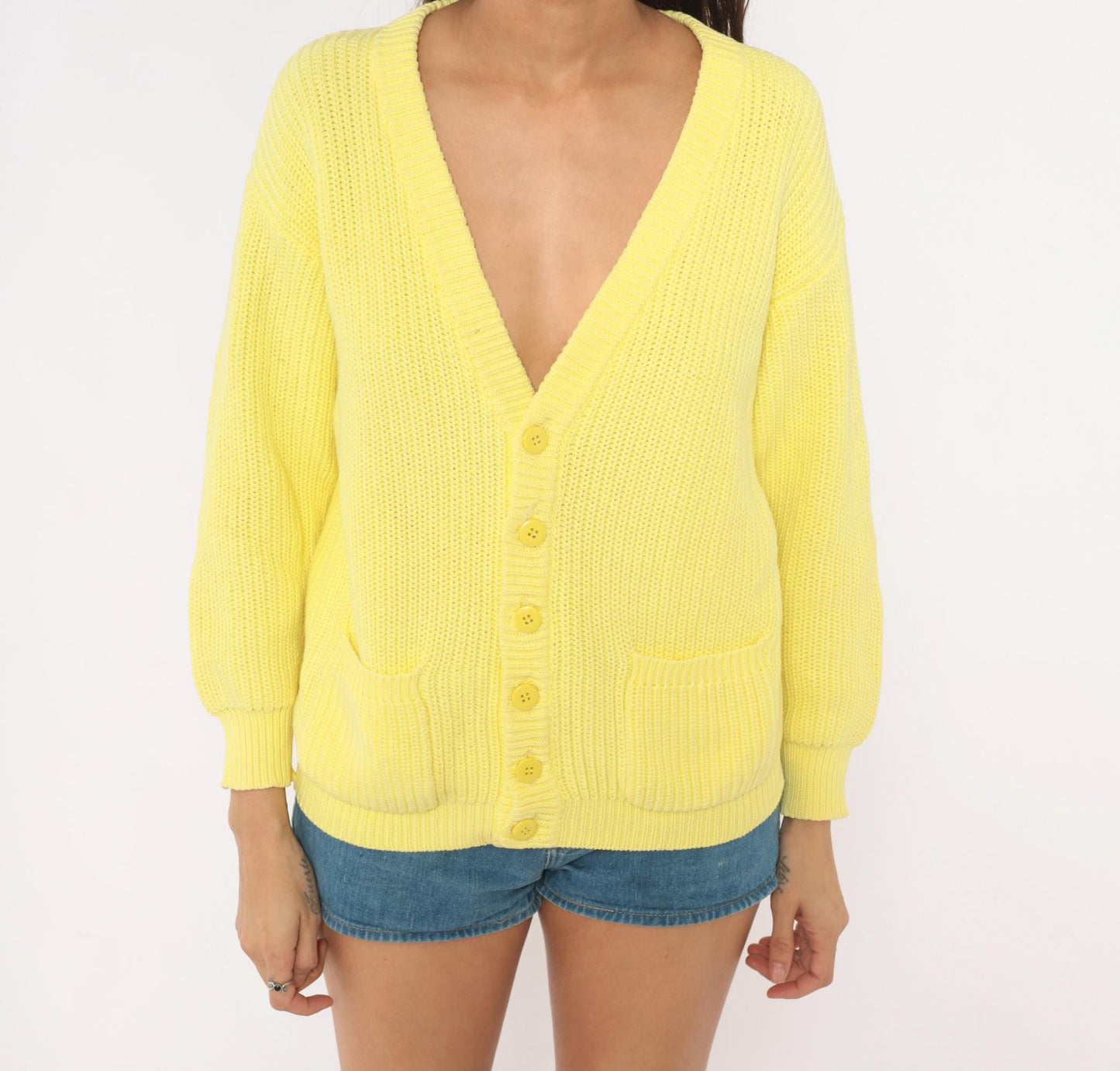 80s Benetton Pale Yellow Cotton Cardigan V-Neck Chunky Ribbed Large L