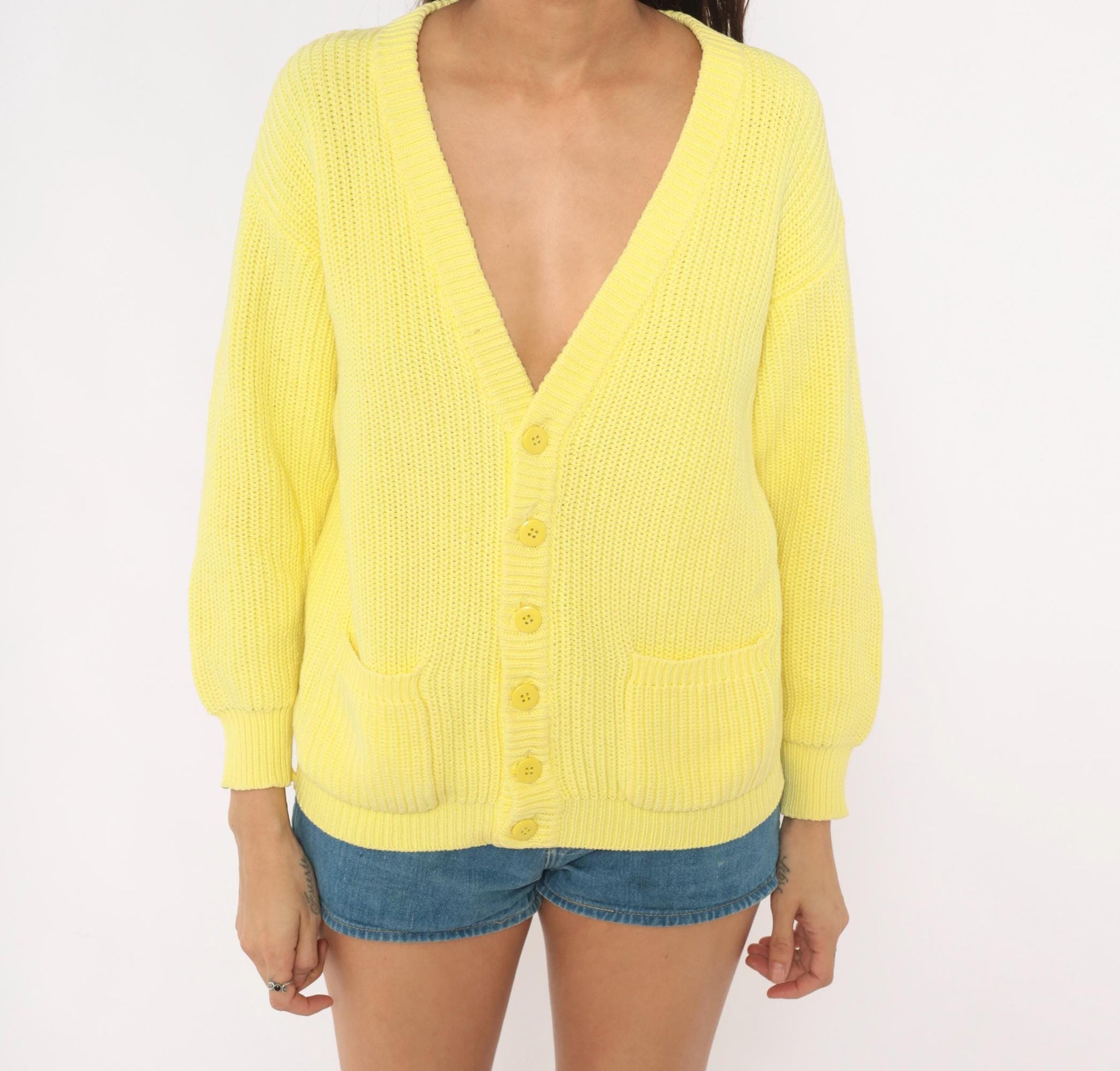 80s Benetton Pale Yellow Cotton Cardigan V-Neck Chunky Ribbed Large L