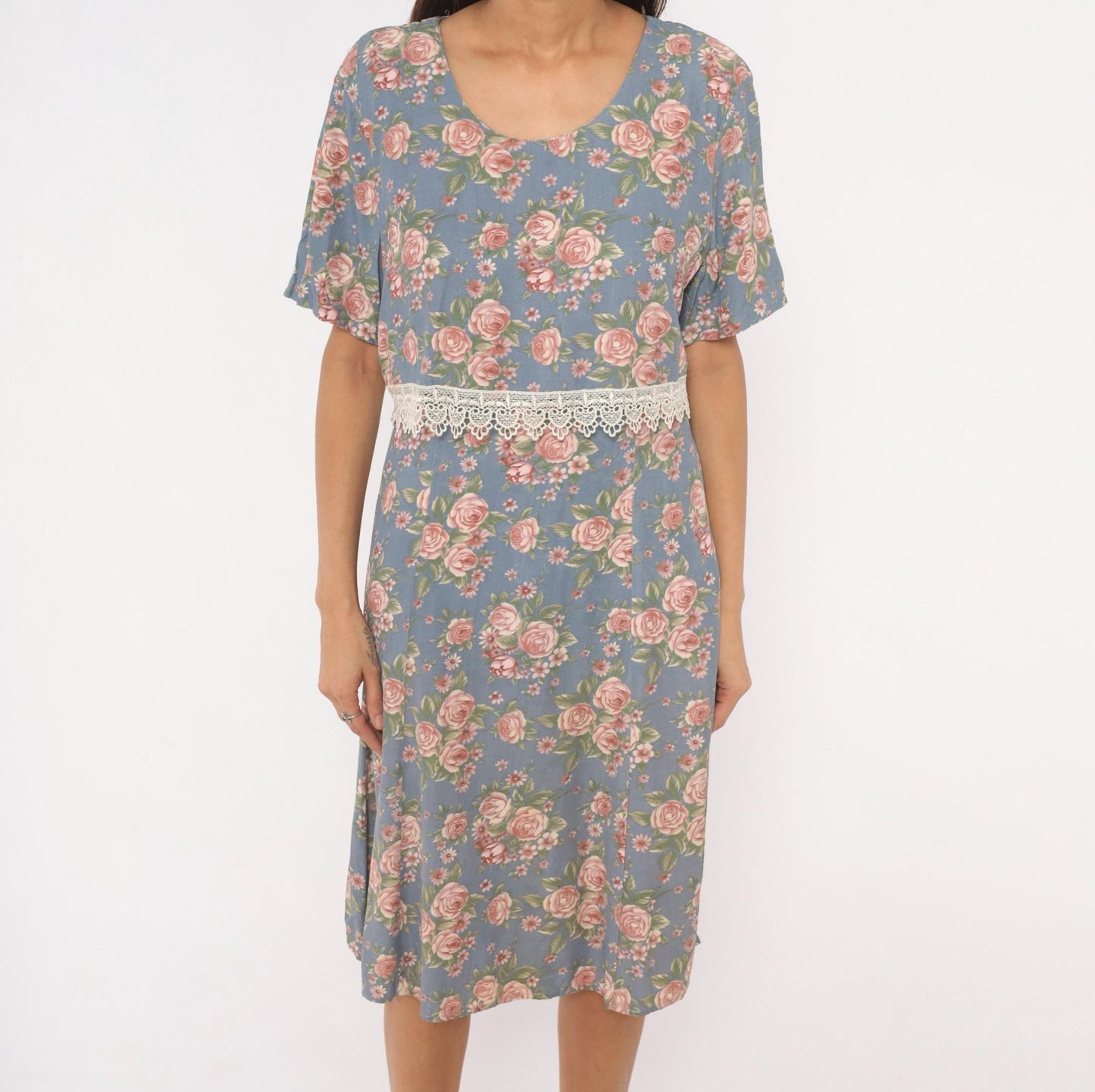 90s Ms. Basia California Floral Dress Dusty Blue Rose Print Flutter Sleeve Large L