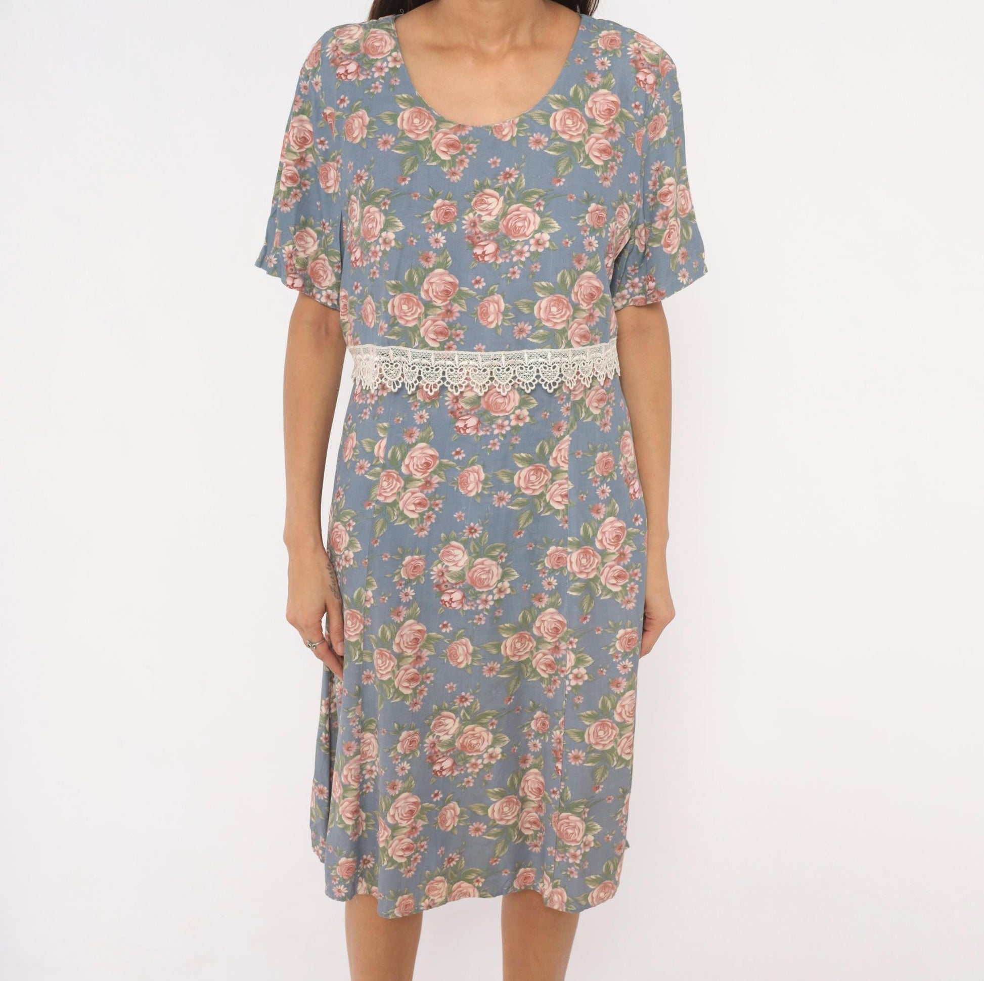 90s Ms. Basia California Floral Dress Dusty Blue Rose Print Flutter Sleeve Large L