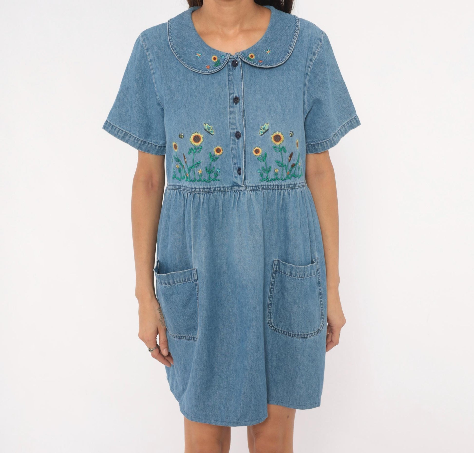 90s Bobbie Brooks Denim Babydoll Dress Sunflower Embroidered Peter Pan Collar Large L