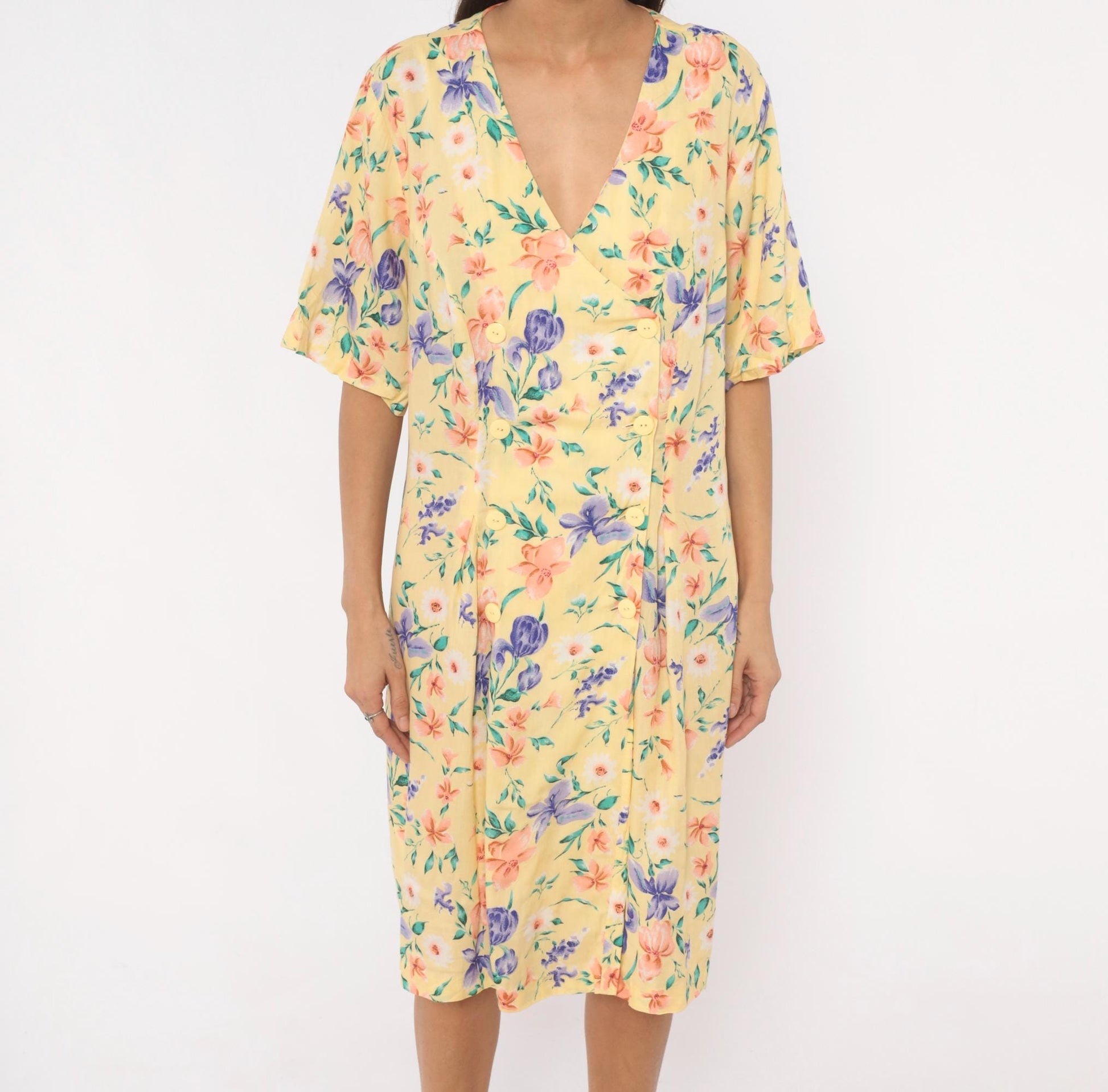 90s Jamie Brooke Floral Button Front Romper Yellow Garden Print Plus Size XXL