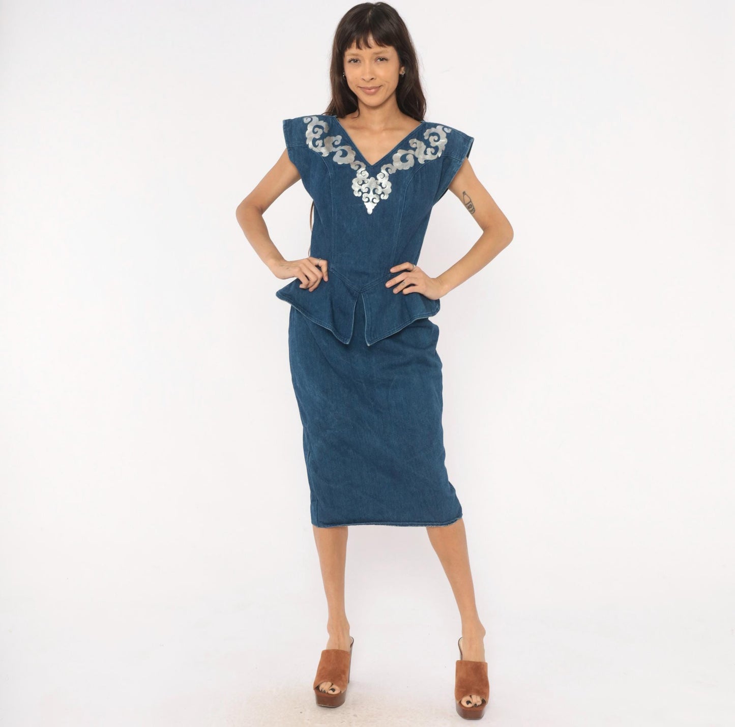 80s Young Edwardian Navy Denim Midi Dress Silver Applique Peplum Small