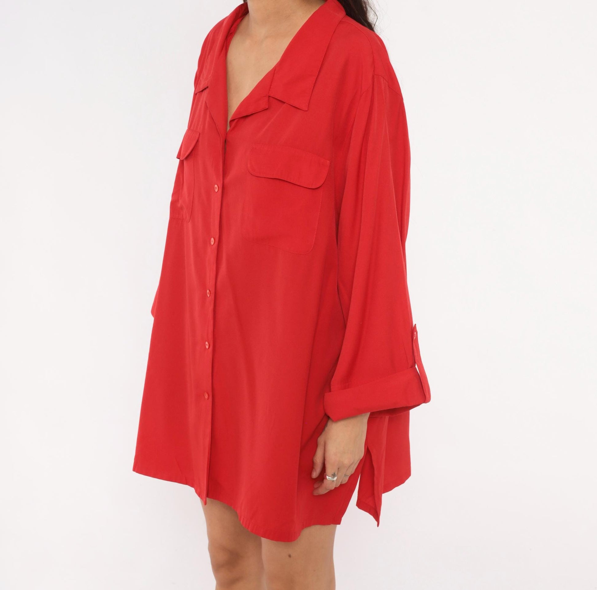 90s Carolina Colours Plus Red Camp Collar Shirt Dress Mini XXL