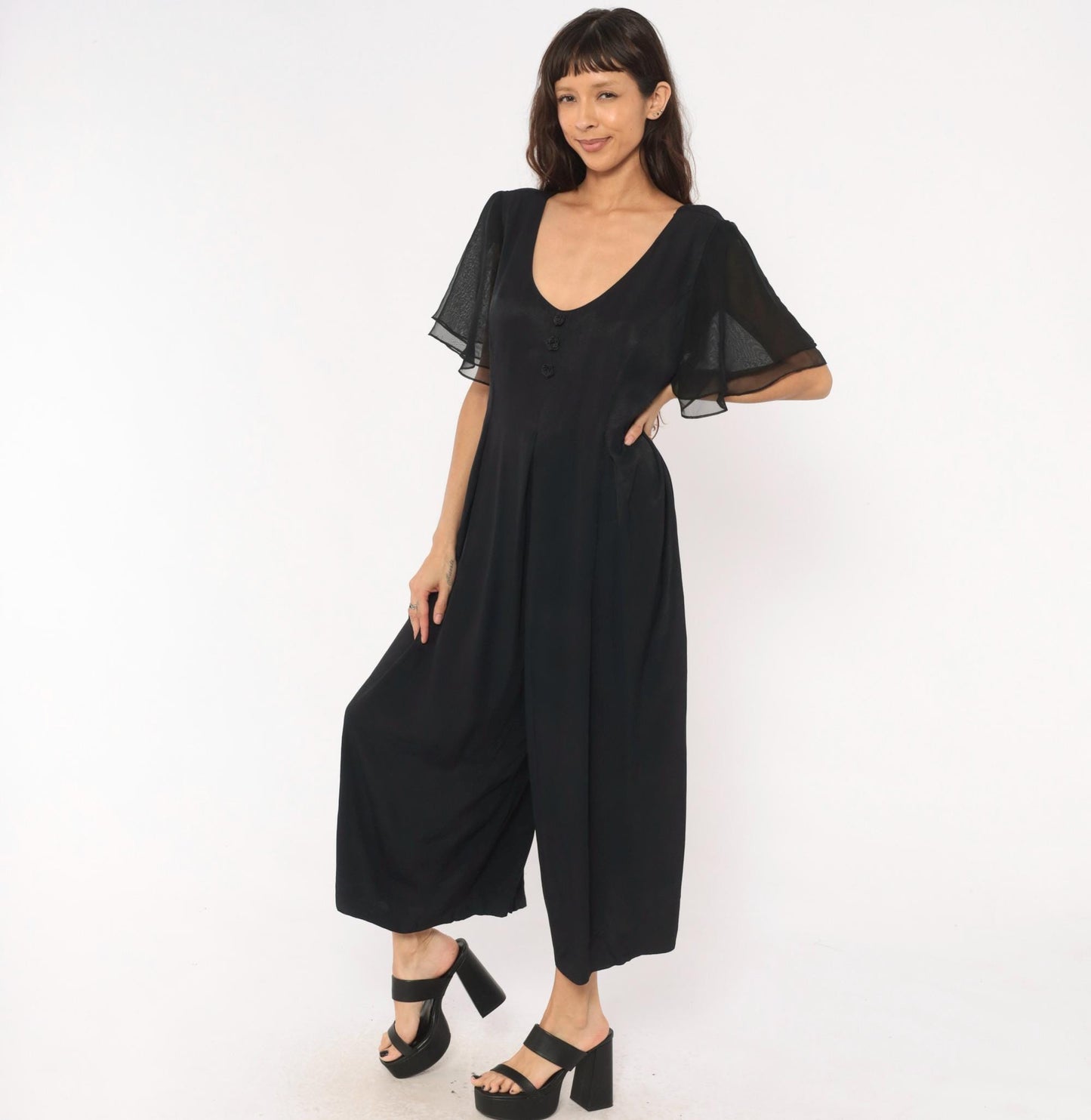 90s Jaffery & Dane Black Jumpsuit Flutter Sleeve Wide Leg Pleated Waist Large L