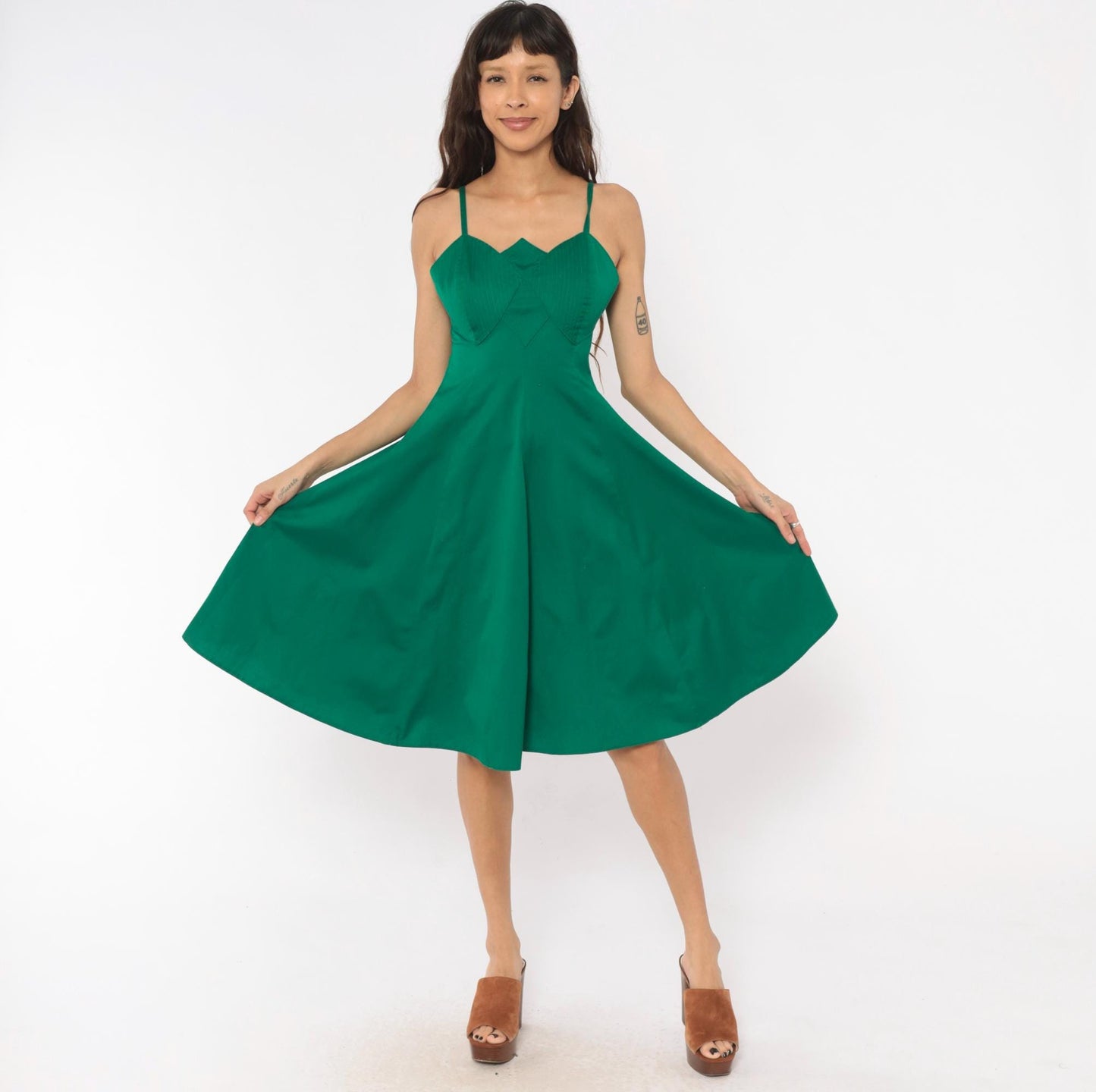 90s Emerald Bustier Sundress Sweetheart Neckline Cotton Spaghetti Strap Small