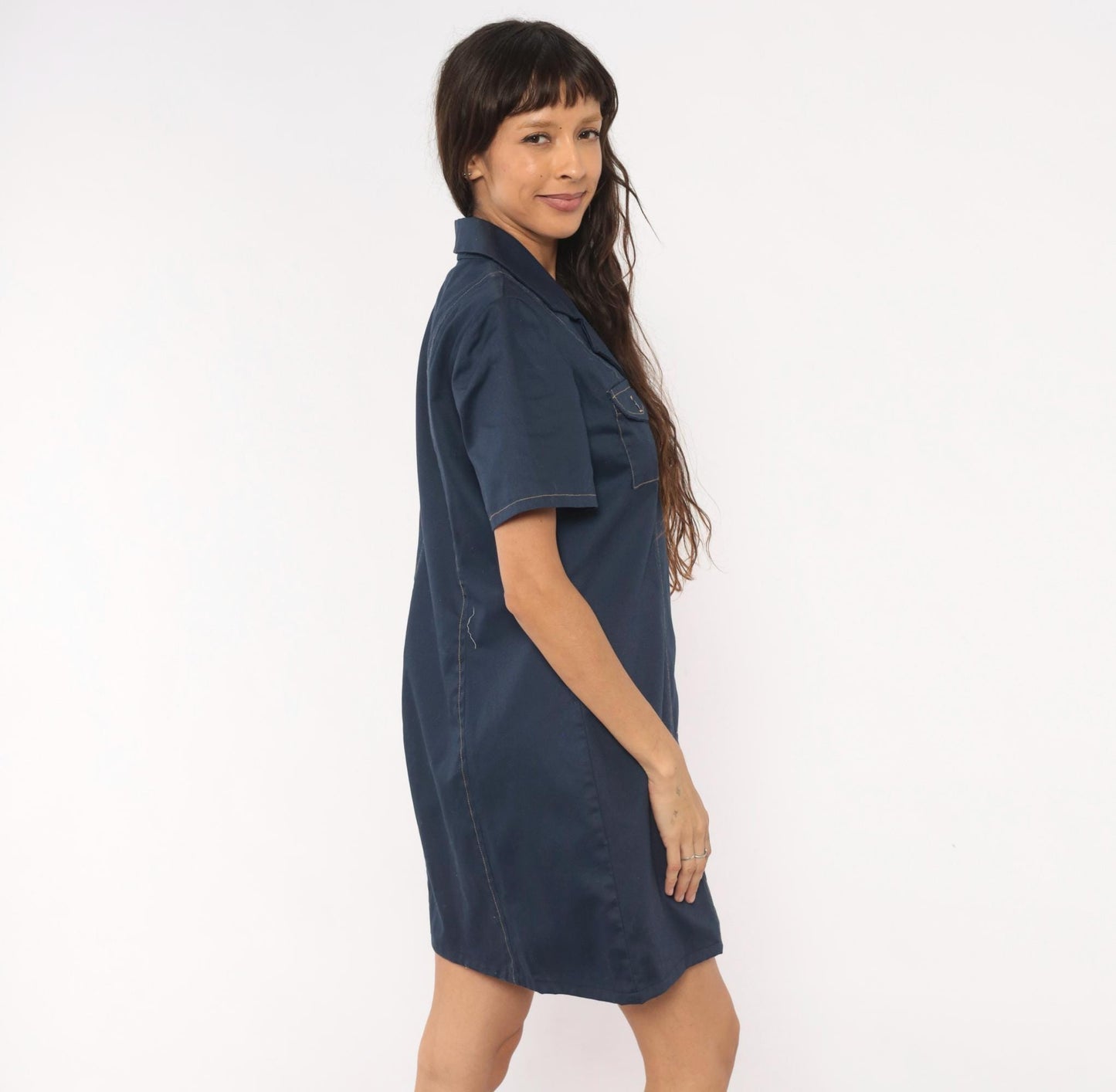 60s Navy Cotton Shirt Dress Button Front Notched Collar A-Line Medium M