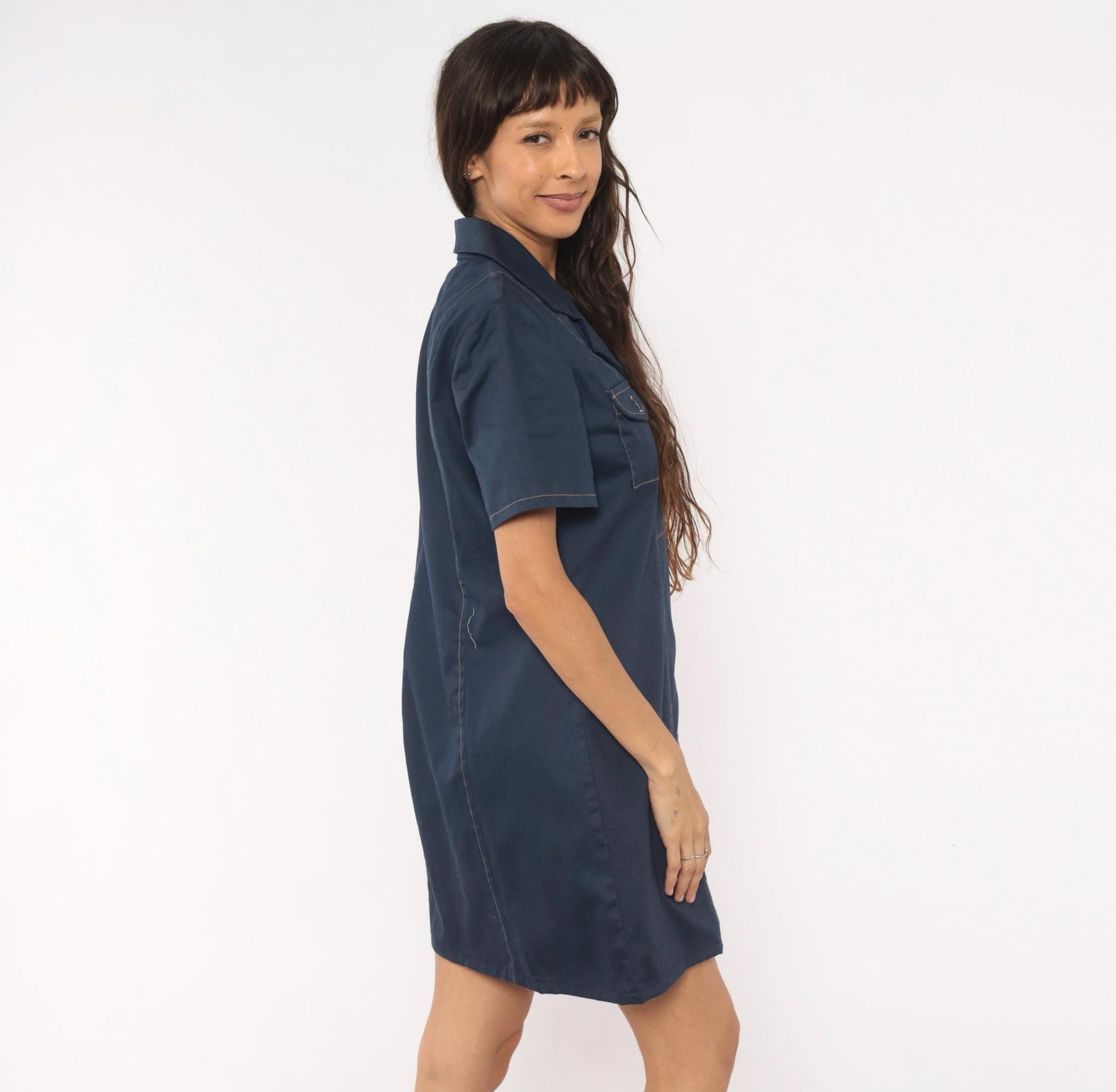 60s Navy Cotton Shirt Dress Button Front Notched Collar A-Line Medium M