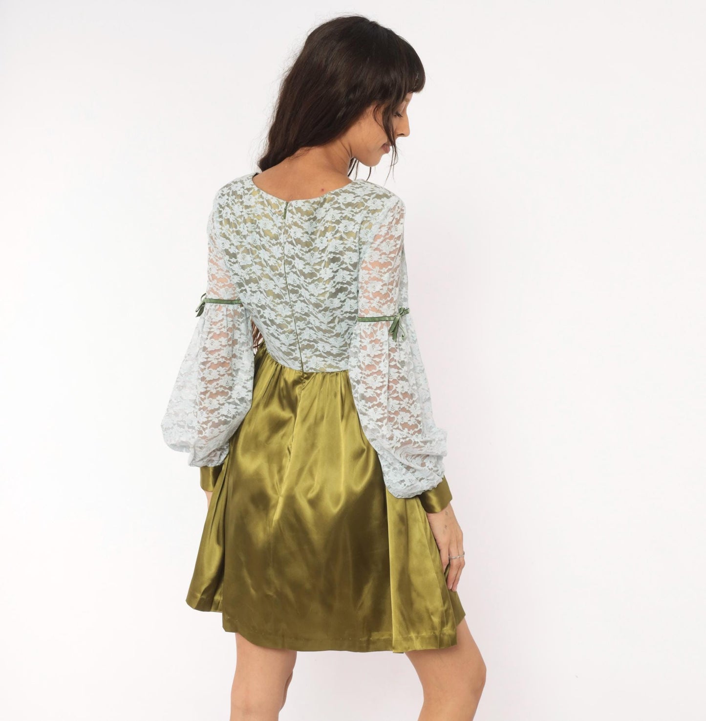 70s Olive Satin Babydoll Dress White Lace Empire Waist Balloon Sleeve Mini Medium