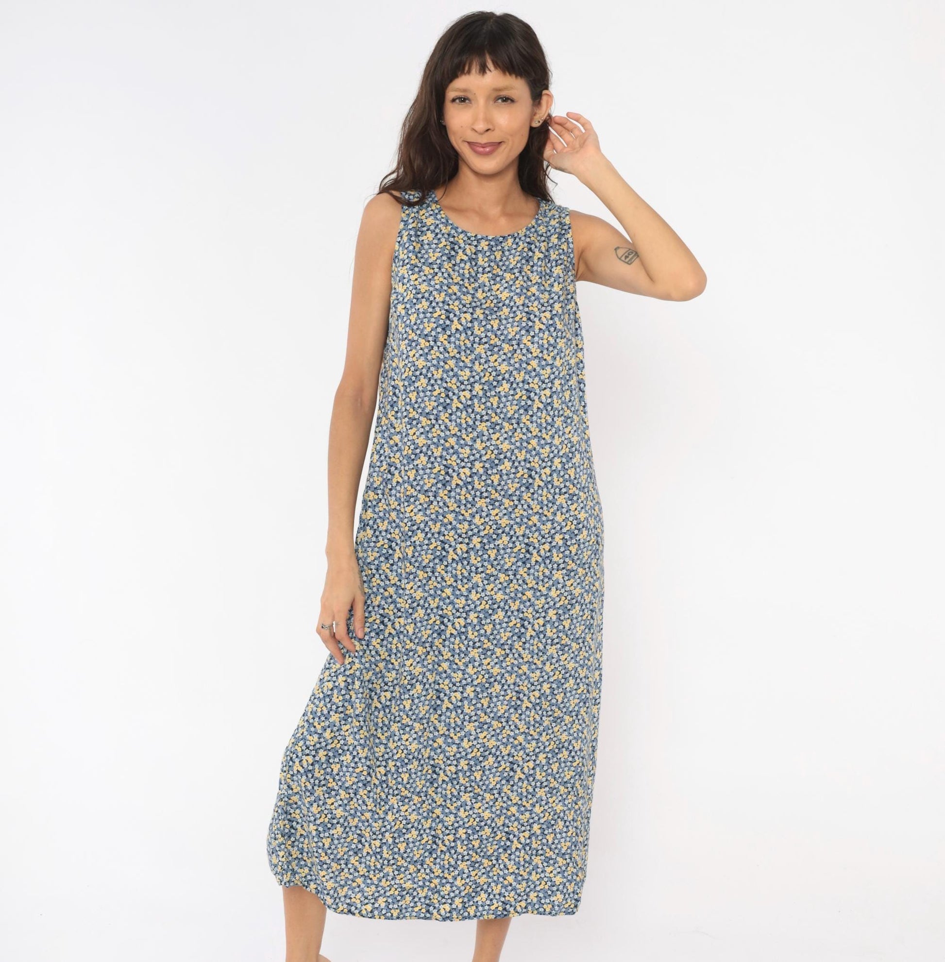 90s Studio Ease Ditsy Floral Midi Dress Navy Blue Yellow Sleeveless Petite Medium