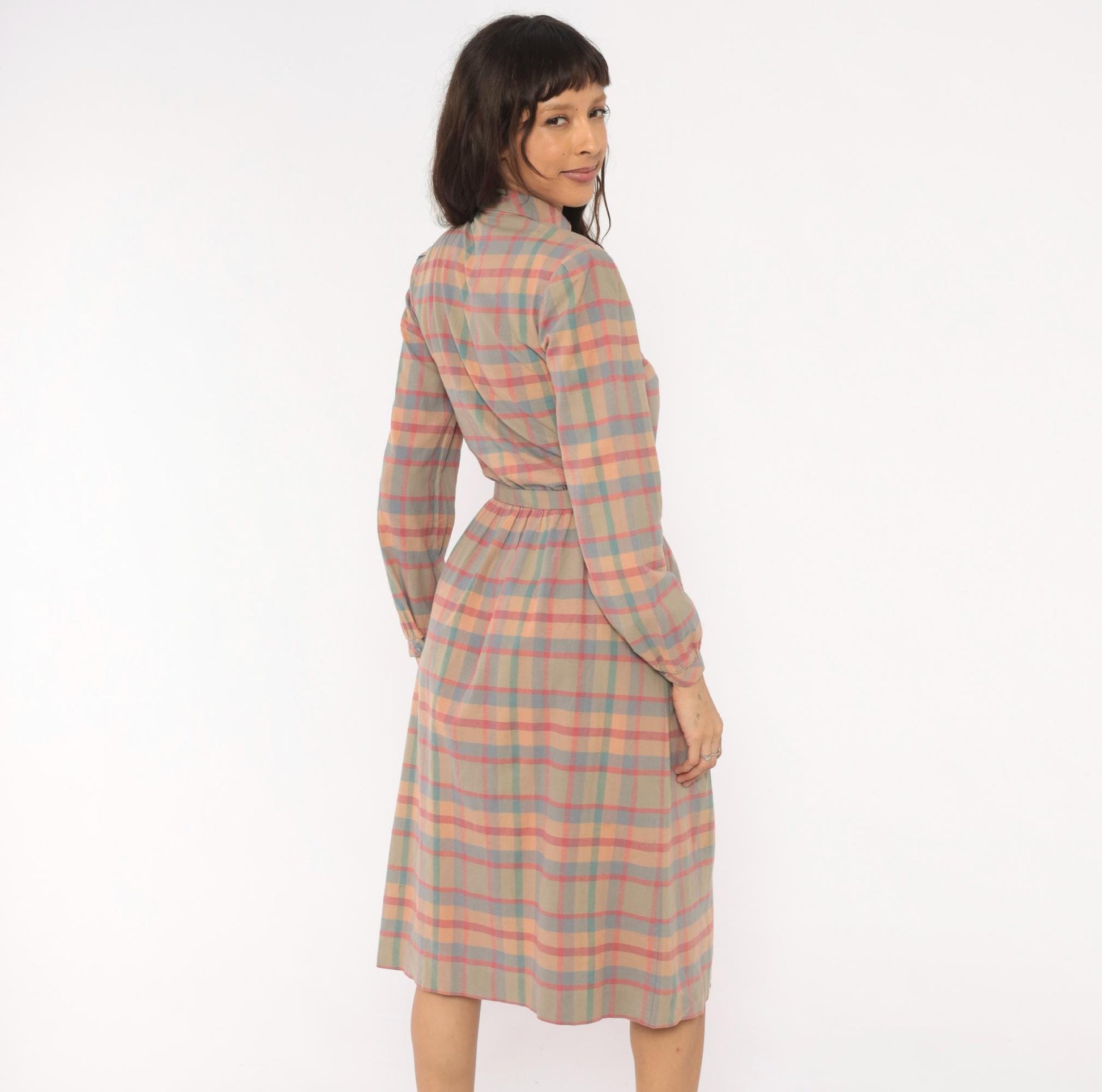 80s St. Maxime Plaid Shirtdress Peter Pan Collar Pastel Pink Blue Tan Medium