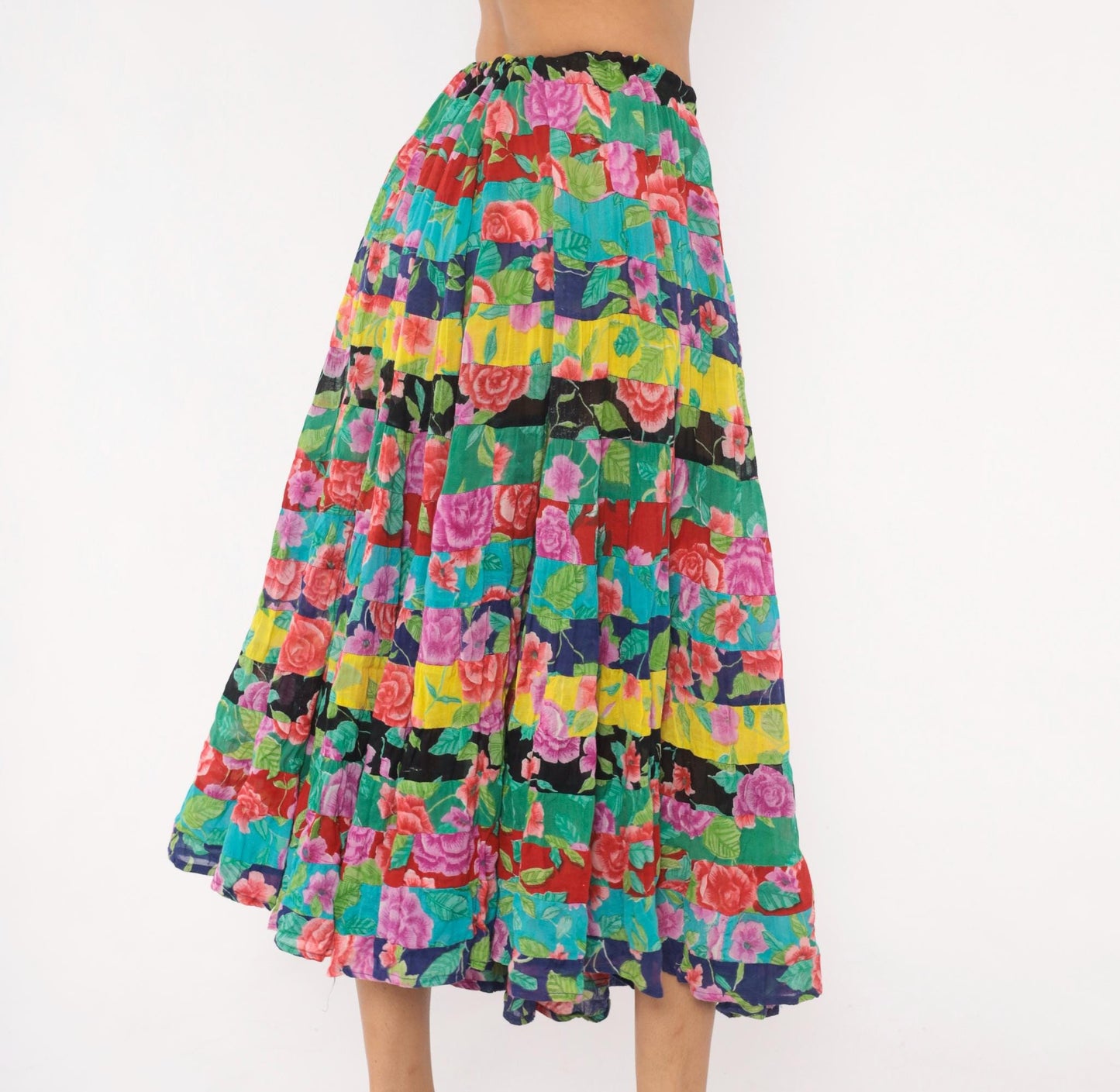 90s Sportique Patchwork Tiered Skirt Floral Rose Cotton Gauze Small