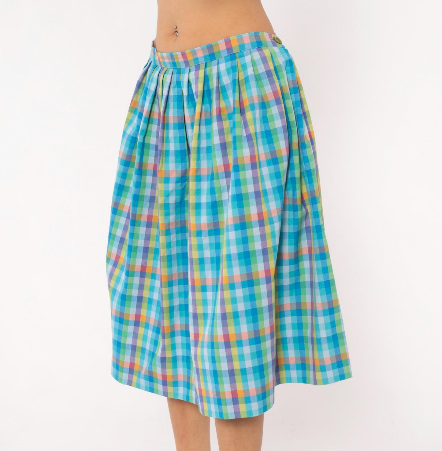 80s Rainbow Gingham Pleated Knee Skirt Cotton Multicolor Large L