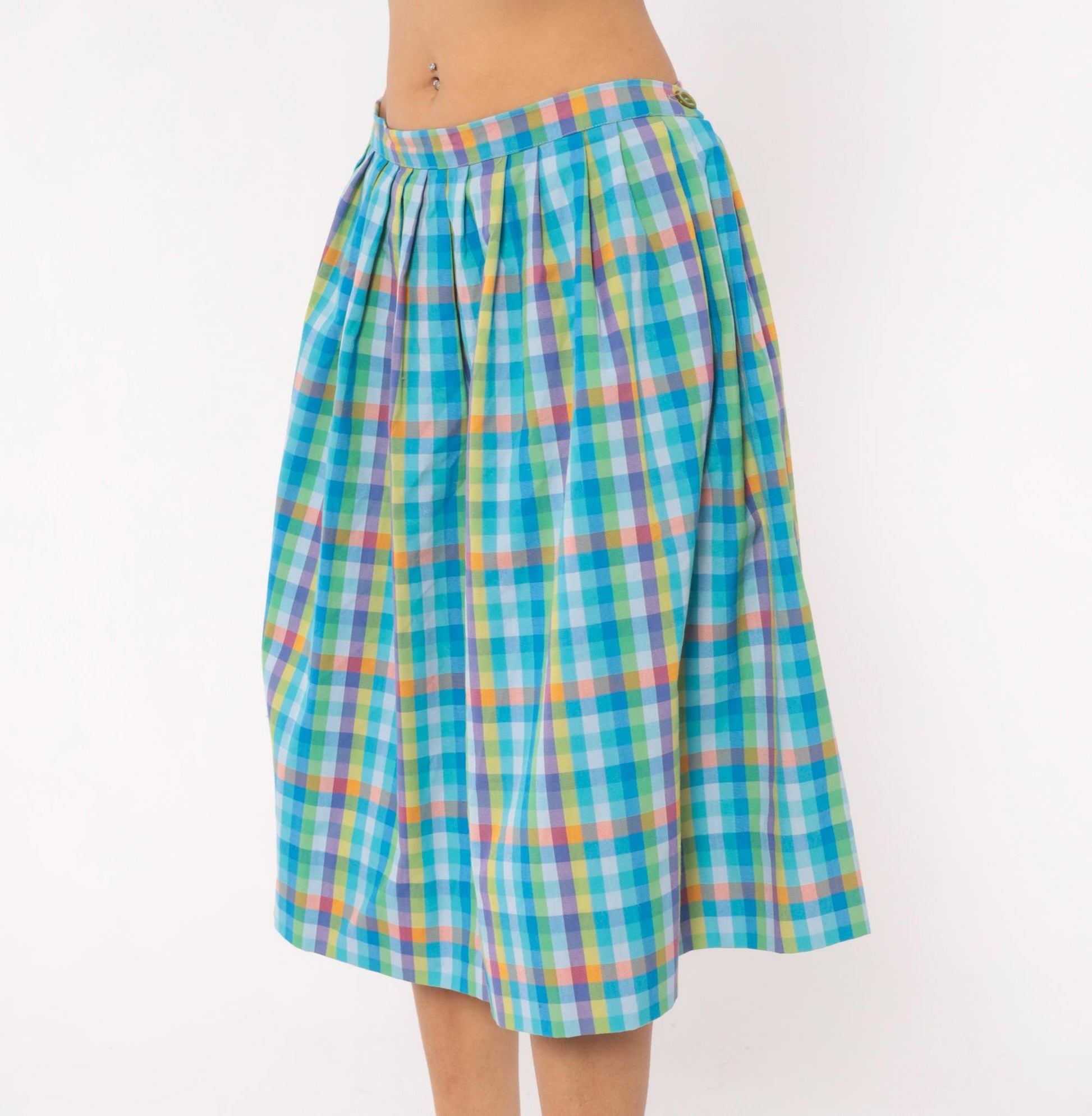 80s Rainbow Gingham Pleated Knee Skirt Cotton Multicolor Large L